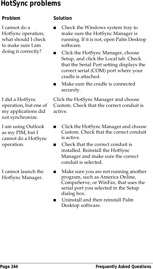 Page 244  Frequently Asked QuestionsHotSync problemsProblem SolutionI cannot do a HotSync operation; what should I check to make sure I am doing it correctly?■Check the Windows system tray to make sure the HotSync Manager is running. If it is not, open Palm Desktop software.■Click the HotSync Manager, choose Setup, and click the Local tab. Check that the Serial Port setting displays the correct serial (COM) port where your cradle is attached.■Make sure the cradle is connected securely.I did a HotSync operation, but one of my applications did not synchronize.Click the HotSync Manager and choose Custom. Check that the correct conduit is active. I am using Outlook as my PIM, but I cannot do a HotSync operation.■Click the HotSync Manager and choose Custom. Check that the correct conduit is active.■Check that the correct conduit is installed. Reinstall the HotSync Manager and make sure the correct conduit is selected.I cannot launch the HotSync Manager. ■Make sure you are not running another program, such as America Online, CompuServe, or WinFax, that uses the serial port you selected in the Setup dialog box.■Uninstall and then reinstall Palm Desktop software.