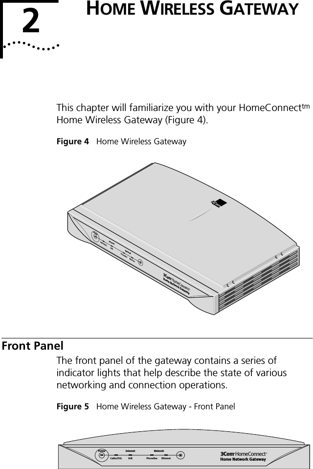 2HOME WIRELESS GATEWAYThis chapter will familiarize you with your HomeConnecttm Home Wireless Gateway (Figure 4).Figure 4   Home Wireless GatewayFront PanelThe front panel of the gateway contains a series of indicator lights that help describe the state of various networking and connection operations.Figure 5   Home Wireless Gateway - Front PanelInternetNetworkPower56KCable/DSLPhonelineEthernetHome Network Gateway3Com&reg;HomeConnect&trade;Internet NetworkPower56KCable/DSL Phoneline EthernetHome Network Gateway3Com&reg;HomeConnect&trade;