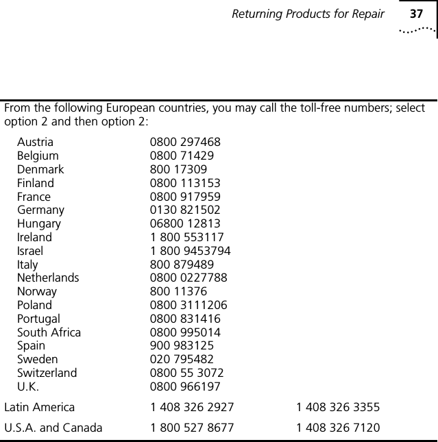 Returning Products for Repair 37From the following European countries, you may call the toll-free numbers; select option 2 and then option 2:AustriaBelgiumDenmarkFinlandFranceGermanyHungaryIrelandIsraelItalyNetherlandsNorwayPolandPortugalSouth AfricaSpainSwedenSwitzerlandU.K.0800 2974680800 71429800 173090800 1131530800 9179590130 82150206800 128131 800 5531171 800 9453794800 8794890800 0227788800 113760800 31112060800 8314160800 995014900 983125020 7954820800 55 30720800 966197Latin America 1 408 326 2927 1 408 326 3355U.S.A. and Canada 1 800 527 8677 1 408 326 7120