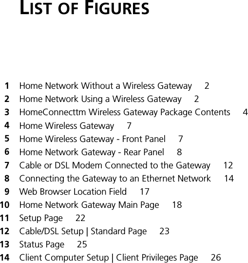 LIST OF FIGURES1Home Network Without a Wireless Gateway 22Home Network Using a Wireless Gateway 23HomeConnecttm Wireless Gateway Package Contents 44Home Wireless Gateway 75Home Wireless Gateway - Front Panel 76Home Network Gateway - Rear Panel 87Cable or DSL Modem Connected to the Gateway 128Connecting the Gateway to an Ethernet Network 149Web Browser Location Field 1710 Home Network Gateway Main Page 1811 Setup Page 2212 Cable/DSL Setup | Standard Page 2313 Status Page 2514 Client Computer Setup | Client Privileges Page 26