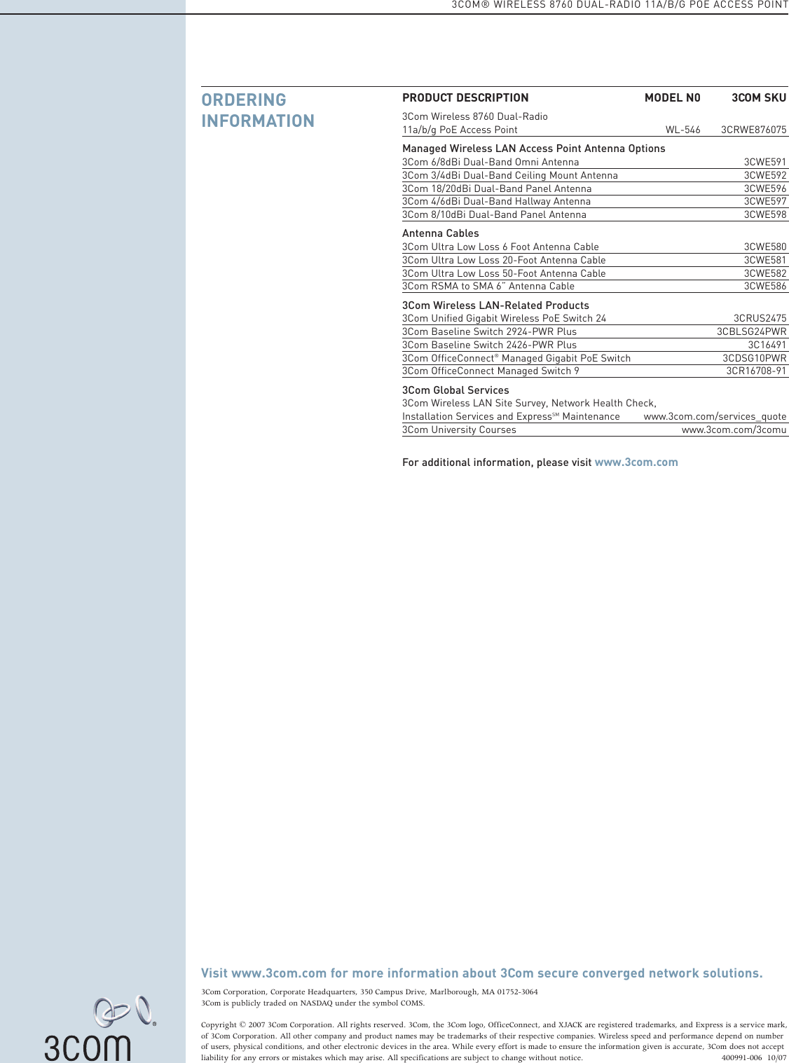Page 8 of 8 - 3Com 8760 3Com® Wireless Dual-Radio 11a/b/g PoE Access Point User Manual  To The 61a62ae9-d5e0-4453-9bf7-67bebe37d7c2