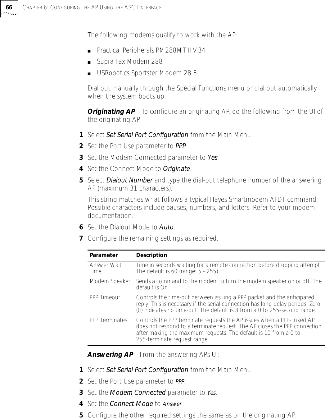 66 CHAPTER 6: CONFIGURING THE AP USING THE ASCII INTERFACEThe following modems qualify to work with the AP:■Practical Peripherals PM288MT II V.34■Supra Fax Modem 288■USRobotics Sportster Modem 28.8Dial out manually through the Special Functions menu or dial out automatically when the system boots up.Originating AP To conﬁgure an originating AP, do the following from the UI of the originating AP:1Select Set Serial Port Conﬁguration from the Main Menu.2Set the Port Use parameter to PPP.3Set the Modem Connected parameter to Yes.4Set the Connect Mode to Originate.5Select Dialout Number and type the dial-out telephone number of the answering AP (maximum 31 characters). This string matches what follows a typical Hayes Smartmodem ATDT command. Possible characters include pauses, numbers, and letters. Refer to your modem documentation.6Set the Dialout Mode to Auto.7Conﬁgure the remaining settings as required. :Answering AP From the answering APs UI:1Select Set Serial Port Conﬁguration from the Main Menu.2Set the Port Use parameter to PPP.3Set the Modem Connected parameter to Yes.4Set the Connect Mode to Answer.5Conﬁgure the other required settings the same as on the originating AP.Parameter DescriptionAnswer Wait Time Time in seconds waiting for a remote connection before dropping attempt. The default is 60 (range: 5 - 255)Modem Speaker Sends a command to the modem to turn the modem speaker on or off. The default is On.PPP Timeout Controls the time-out between issuing a PPP packet and the anticipated reply. This is necessary if the serial connection has long delay periods. Zero (0) indicates no time-out. The default is 3 from a 0 to 255-second range.PPP Terminates Controls the PPP terminate requests the AP issues when a PPP-linked AP does not respond to a terminate request. The AP closes the PPP connection after making the maximum requests. The default is 10 from a 0 to 255-terminate request range.