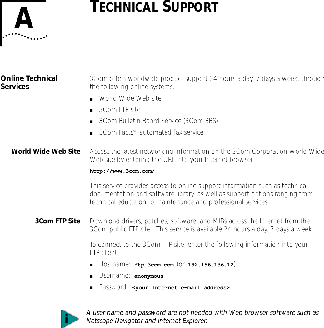 ATECHNICAL SUPPORTOnline Technical Services 3Com offers worldwide product support 24 hours a day, 7 days a week, through the following online systems:■World Wide Web site■3Com FTP site■3Com Bulletin Board Service (3Com BBS)■3Com FactsSM  automated fax serviceWorld Wide Web Site Access the latest networking information on the 3Com Corporation World Wide Web site by entering the URL into your Internet browser:http://www.3com.com/This service provides access to online support information such as technical documentation and software library, as well as support options ranging from technical education to maintenance and professional services.3Com FTP Site Download drivers, patches, software, and MIBs across the Internet from the 3Com public FTP site.  This service is available 24 hours a day, 7 days a week.To connect to the 3Com FTP site, enter the following information into your FTP client:■Hostname:  ftp.3com.com (or 192.156.136.12)■Username:  anonymous■Password:  <your Internet e-mail address>A user name and password are not needed with Web browser software such as Netscape Navigator and Internet Explorer.