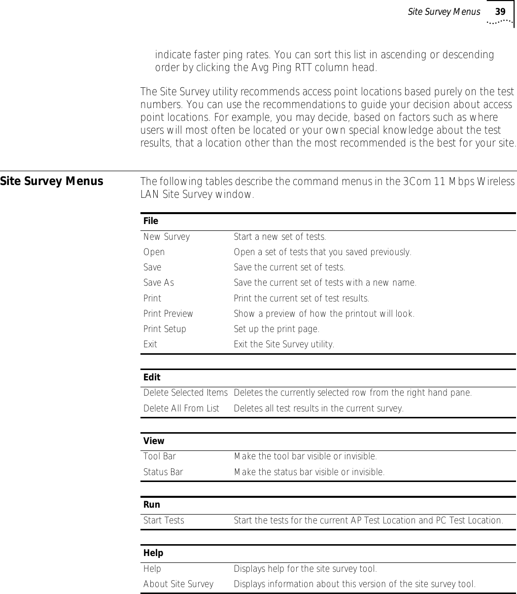 Site Survey Menus 39indicate faster ping rates. You can sort this list in ascending or descending order by clicking the Avg Ping RTT column head.The Site Survey utility recommends access point locations based purely on the test numbers. You can use the recommendations to guide your decision about access point locations. For example, you may decide, based on factors such as where users will most often be located or your own special knowledge about the test results, that a location other than the most recommended is the best for your site.Site Survey Menus The following tables describe the command menus in the 3Com 11 Mbps Wireless LAN Site Survey window.FileNew Survey Start a new set of tests.Open Open a set of tests that you saved previously.Save Save the current set of tests.Save As Save the current set of tests with a new name.Print Print the current set of test results.Print Preview Show a preview of how the printout will look.Print Setup Set up the print page.Exit Exit the Site Survey utility.EditDelete Selected Items Deletes the currently selected row from the right hand pane.Delete All From List Deletes all test results in the current survey.ViewTool Bar Make the tool bar visible or invisible.Status Bar Make the status bar visible or invisible.RunStart Tests Start the tests for the current AP Test Location and PC Test Location.HelpHelp Displays help for the site survey tool.About Site Survey Displays information about this version of the site survey tool.
