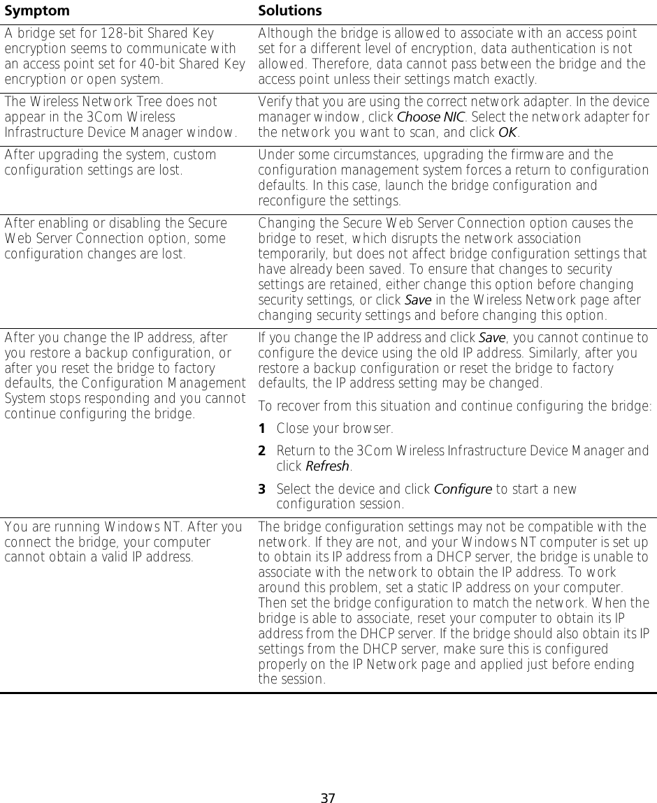 37A bridge set for 128-bit Shared Key encryption seems to communicate with an access point set for 40-bit Shared Key encryption or open system.Although the bridge is allowed to associate with an access point set for a different level of encryption, data authentication is not allowed. Therefore, data cannot pass between the bridge and the access point unless their settings match exactly.The Wireless Network Tree does not appear in the 3Com Wireless Infrastructure Device Manager window.Verify that you are using the correct network adapter. In the device manager window, click Choose NIC. Select the network adapter for the network you want to scan, and click OK.After upgrading the system, custom configuration settings are lost. Under some circumstances, upgrading the firmware and the configuration management system forces a return to configuration defaults. In this case, launch the bridge configuration and reconfigure the settings.After enabling or disabling the Secure Web Server Connection option, some configuration changes are lost.Changing the Secure Web Server Connection option causes the bridge to reset, which disrupts the network association temporarily, but does not affect bridge configuration settings that have already been saved. To ensure that changes to security settings are retained, either change this option before changing security settings, or click Save in the Wireless Network page after changing security settings and before changing this option.After you change the IP address, after you restore a backup configuration, or after you reset the bridge to factory defaults, the Configuration Management System stops responding and you cannot continue configuring the bridge.If you change the IP address and click Save, you cannot continue to configure the device using the old IP address. Similarly, after you restore a backup configuration or reset the bridge to factory defaults, the IP address setting may be changed. To recover from this situation and continue configuring the bridge:1Close your browser.2Return to the 3Com Wireless Infrastructure Device Manager and click Refresh.3Select the device and click Configure to start a new configuration session.You are running Windows NT. After you connect the bridge, your computer cannot obtain a valid IP address.The bridge configuration settings may not be compatible with the network. If they are not, and your Windows NT computer is set up to obtain its IP address from a DHCP server, the bridge is unable to associate with the network to obtain the IP address. To work around this problem, set a static IP address on your computer. Then set the bridge configuration to match the network. When the bridge is able to associate, reset your computer to obtain its IP address from the DHCP server. If the bridge should also obtain its IP settings from the DHCP server, make sure this is configured properly on the IP Network page and applied just before ending the session.Symptom Solutions
