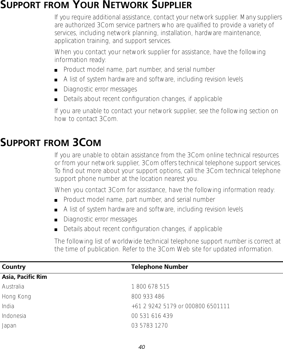 40SUPPORT FROM YOUR NETWORK SUPPLIERIf you require additional assistance, contact your network supplier. Many suppliers are authorized 3Com service partners who are qualiﬁed to provide a variety of services, including network planning, installation, hardware maintenance, application training, and support services.When you contact your network supplier for assistance, have the following information ready:■Product model name, part number, and serial number■A list of system hardware and software, including revision levels■Diagnostic error messages■Details about recent conﬁguration changes, if applicableIf you are unable to contact your network supplier, see the following section on how to contact 3Com.SUPPORT FROM 3COMIf you are unable to obtain assistance from the 3Com online technical resources or from your network supplier, 3Com offers technical telephone support services. To ﬁnd out more about your support options, call the 3Com technical telephone support phone number at the location nearest you.When you contact 3Com for assistance, have the following information ready:■Product model name, part number, and serial number■A list of system hardware and software, including revision levels■Diagnostic error messages■Details about recent conﬁguration changes, if applicableThe following list of worldwide technical telephone support number is correct at the time of publication. Refer to the 3Com Web site for updated information.Country Telephone NumberAsia, Paciﬁc RimAustralia 1 800 678 515Hong Kong 800 933 486India +61 2 9242 5179 or 000800 6501111Indonesia 00 531 616 439Japan 03 5783 1270