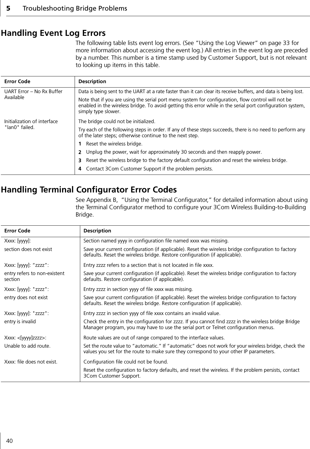 5Troubleshooting Bridge Problems40Handling Event Log ErrorsThe following table lists event log errors. (See &ldquo;Using the Log Viewer&rdquo; on page 33 for more information about accessing the event log.) All entries in the event log are preceded by a number. This number is a time stamp used by Customer Support, but is not relevant to looking up items in this table.Handling Terminal Configurator Error CodesSee Appendix B,  &ldquo;Using the Terminal Configurator,&rdquo; for detailed information about using the Terminal Configurator method to configure your 3Com Wireless Building-to-Building Bridge.Error Code DescriptionUART Error &ndash; No Rx Buffer AvailableData is being sent to the UART at a rate faster than it can clear its receive buffers, and data is being lost.Note that if you are using the serial port menu system for configuration, flow control will not be enabled in the wireless bridge. To avoid getting this error while in the serial port configuration system, simply type slower.Initialization of interface "lan0" failed.The bridge could not be initialized.Try each of the following steps in order. If any of these steps succeeds, there is no need to perform any of the later steps; otherwise continue to the next step.1Reset the wireless bridge.2Unplug the power, wait for approximately 30 seconds and then reapply power.3Reset the wireless bridge to the factory default configuration and reset the wireless bridge.4Contact 3Com Customer Support if the problem persists.Error Code DescriptionXxxx: [yyyy]: section does not existSection named yyyy in configuration file named xxxx was missing.Save your current configuration (if applicable). Reset the wireless bridge configuration to factory defaults. Reset the wireless bridge. Restore configuration (if applicable).Xxxx: [yyyy]: &ldquo;zzzz&rdquo;:entry refers to non-existent sectionEntry zzzz refers to a section that is not located in file xxxx.Save your current configuration (if applicable). Reset the wireless bridge configuration to factory defaults. Restore configuration (if applicable).Xxxx: [yyyy]: "zzzz":entry does not existEntry zzzz in section yyyy of file xxxx was missing.Save your current configuration (if applicable). Reset the wireless bridge configuration to factory defaults. Reset the wireless bridge. Restore configuration (if applicable).Xxxx: [yyyy]: "zzzz":entry is invalidEntry zzzz in section yyyy of file xxxx contains an invalid value.Check the entry in the configuration for zzzz. If you cannot find zzzz in the wireless bridge Bridge Manager program, you may have to use the serial port or Telnet configuration menus.Xxxx: <[yyyy]zzzz>:Unable to add route.Route values are out of range compared to the interface values.Set the route value to &ldquo;automatic.&rdquo; If &ldquo;automatic&rdquo; does not work for your wireless bridge, check the values you set for the route to make sure they correspond to your other IP parameters.Xxxx: file does not exist. Configuration file could not be found.Reset the configuration to factory defaults, and reset the wireless. If the problem persists, contact 3Com Customer Support.