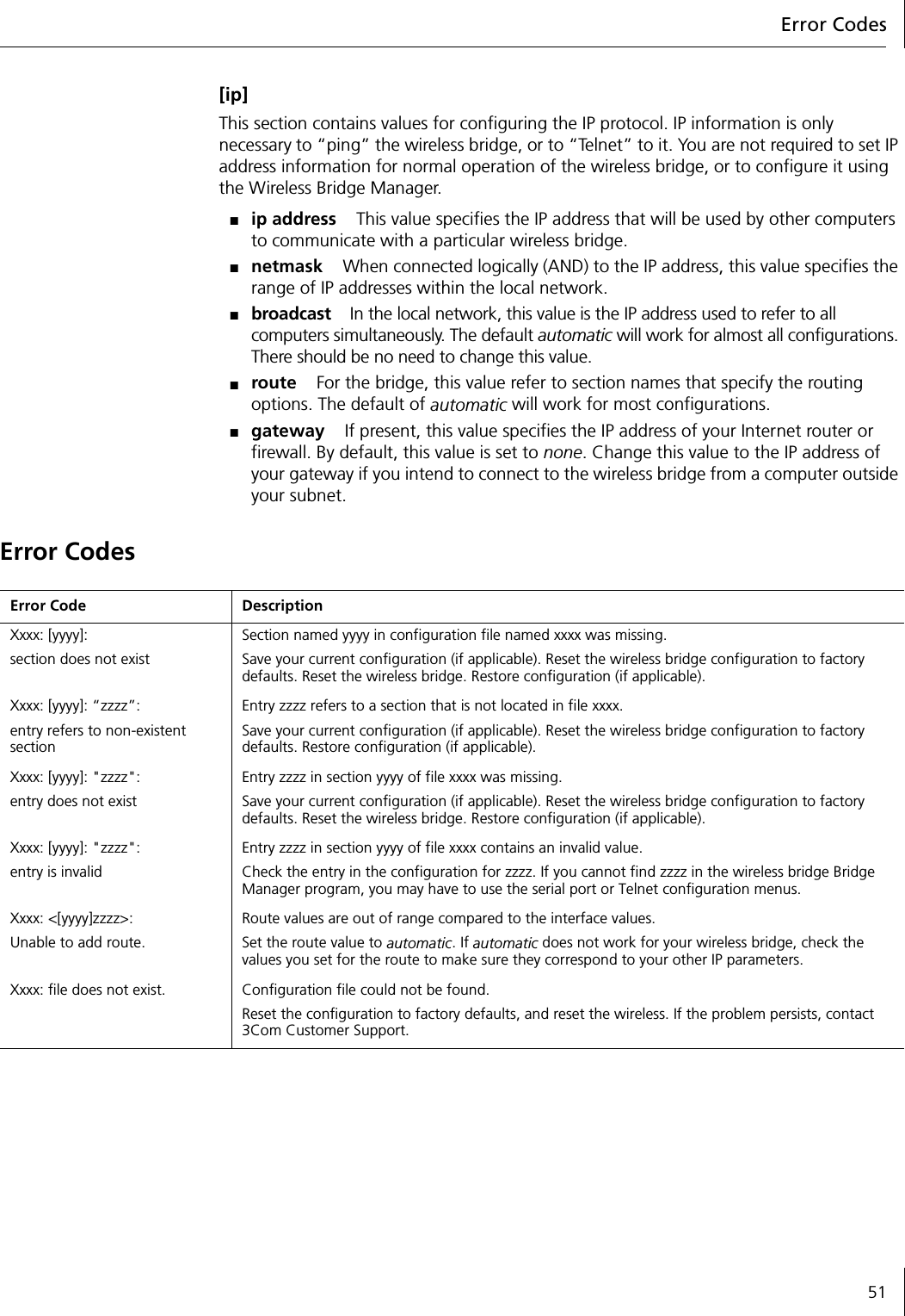 Error Codes51[ip]This section contains values for configuring the IP protocol. IP information is only necessary to &ldquo;ping&rdquo; the wireless bridge, or to &ldquo;Telnet&rdquo; to it. You are not required to set IP address information for normal operation of the wireless bridge, or to configure it using the Wireless Bridge Manager.■ip address This value specifies the IP address that will be used by other computers to communicate with a particular wireless bridge.■netmask When connected logically (AND) to the IP address, this value specifies the range of IP addresses within the local network.■broadcast In the local network, this value is the IP address used to refer to all computers simultaneously. The default automatic will work for almost all configurations. There should be no need to change this value.■route For the bridge, this value refer to section names that specify the routing options. The default of automatic will work for most configurations.■gateway If present, this value specifies the IP address of your Internet router or firewall. By default, this value is set to none. Change this value to the IP address of your gateway if you intend to connect to the wireless bridge from a computer outside your subnet.Error CodesError Code DescriptionXxxx: [yyyy]: section does not existSection named yyyy in configuration file named xxxx was missing.Save your current configuration (if applicable). Reset the wireless bridge configuration to factory defaults. Reset the wireless bridge. Restore configuration (if applicable).Xxxx: [yyyy]: &ldquo;zzzz&rdquo;:entry refers to non-existent sectionEntry zzzz refers to a section that is not located in file xxxx.Save your current configuration (if applicable). Reset the wireless bridge configuration to factory defaults. Restore configuration (if applicable).Xxxx: [yyyy]: "zzzz":entry does not existEntry zzzz in section yyyy of file xxxx was missing.Save your current configuration (if applicable). Reset the wireless bridge configuration to factory defaults. Reset the wireless bridge. Restore configuration (if applicable).Xxxx: [yyyy]: "zzzz":entry is invalidEntry zzzz in section yyyy of file xxxx contains an invalid value.Check the entry in the configuration for zzzz. If you cannot find zzzz in the wireless bridge Bridge Manager program, you may have to use the serial port or Telnet configuration menus.Xxxx: <[yyyy]zzzz>:Unable to add route.Route values are out of range compared to the interface values.Set the route value to automatic. If automatic does not work for your wireless bridge, check the values you set for the route to make sure they correspond to your other IP parameters.Xxxx: file does not exist. Configuration file could not be found.Reset the configuration to factory defaults, and reset the wireless. If the problem persists, contact 3Com Customer Support.