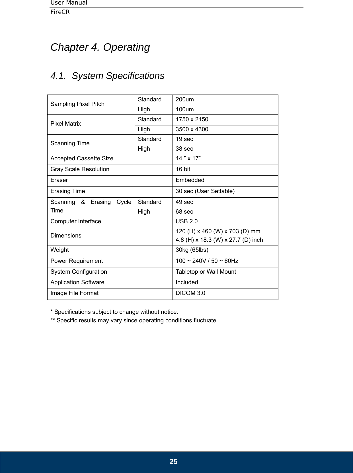 User Manual  FireCR  Chapter 4. Operating  4.1.  System Specifications  Sampling Pixel Pitch  Standard 200um High 100um Pixel Matrix  Standard  1750 x 2150 High  3500 x 4300 Scanning Time  Standard 19 sec High 38 sec Accepted Cassette Size  14 ” x 17” Gray Scale Resolution  16 bit Eraser Embedded Erasing Time  30 sec (User Settable)   Scanning &amp; Erasing Cycle Time Standard 49 sec High 68 sec Computer Interface  USB 2.0 Dimensions  120 (H) x 460 (W) x 703 (D) mm 4.8 (H) x 18.3 (W) x 27.7 (D) inch Weight 30kg (65lbs) Power Requirement  100 ~ 240V / 50 ~ 60Hz System Configuration  Tabletop or Wall Mount Application Software  Included Image File Format  DICOM 3.0  * Specifications subject to change without notice. ** Specific results may vary since operating conditions fluctuate.              25 