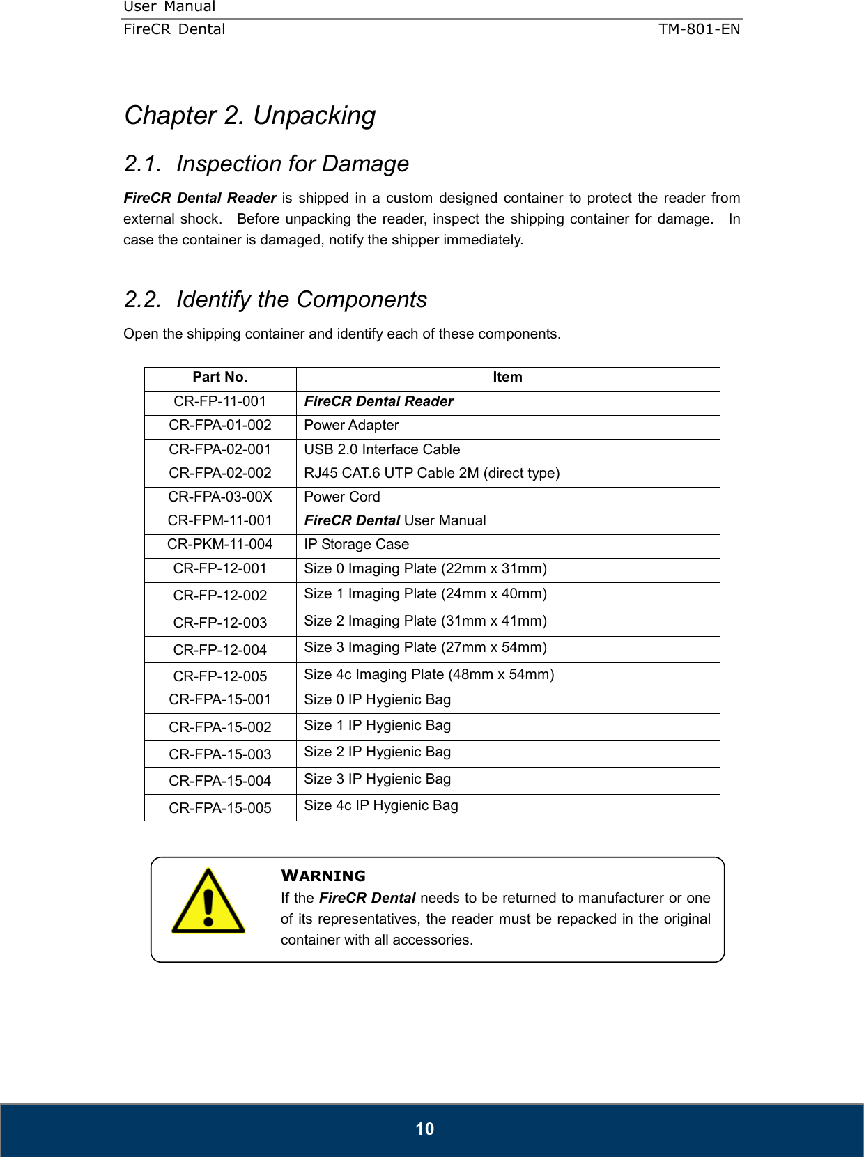 User  Manual  FireCR  Dental    TM-801-EN   10  Chapter 2. Unpacking 2.1.  Inspection for Damage FireCR  Dental  Reader  is  shipped  in  a  custom  designed  container  to  protect  the  reader  from external shock.    Before  unpacking  the  reader,  inspect  the  shipping  container for damage.    In case the container is damaged, notify the shipper immediately.      2.2.  Identify the Components Open the shipping container and identify each of these components.  Part No.  Item CR-FP-11-001  FireCR Dental Reader CR-FPA-01-002  Power Adapter CR-FPA-02-001  USB 2.0 Interface Cable CR-FPA-02-002  RJ45 CAT.6 UTP Cable 2M (direct type) CR-FPA-03-00X  Power Cord CR-FPM-11-001  FireCR Dental User Manual CR-PKM-11-004  IP Storage Case CR-FP-12-001  Size 0 Imaging Plate (22mm x 31mm) CR-FP-12-002 Size 1 Imaging Plate (24mm x 40mm) CR-FP-12-003 Size 2 Imaging Plate (31mm x 41mm) CR-FP-12-004 Size 3 Imaging Plate (27mm x 54mm) CR-FP-12-005 Size 4c Imaging Plate (48mm x 54mm) CR-FPA-15-001  Size 0 IP Hygienic Bag CR-FPA-15-002 Size 1 IP Hygienic Bag CR-FPA-15-003 Size 2 IP Hygienic Bag CR-FPA-15-004 Size 3 IP Hygienic Bag CR-FPA-15-005 Size 4c IP Hygienic Bag           WARNING If the FireCR Dental needs to be returned to manufacturer or one of its representatives, the reader must be repacked in the original container with all accessories. 