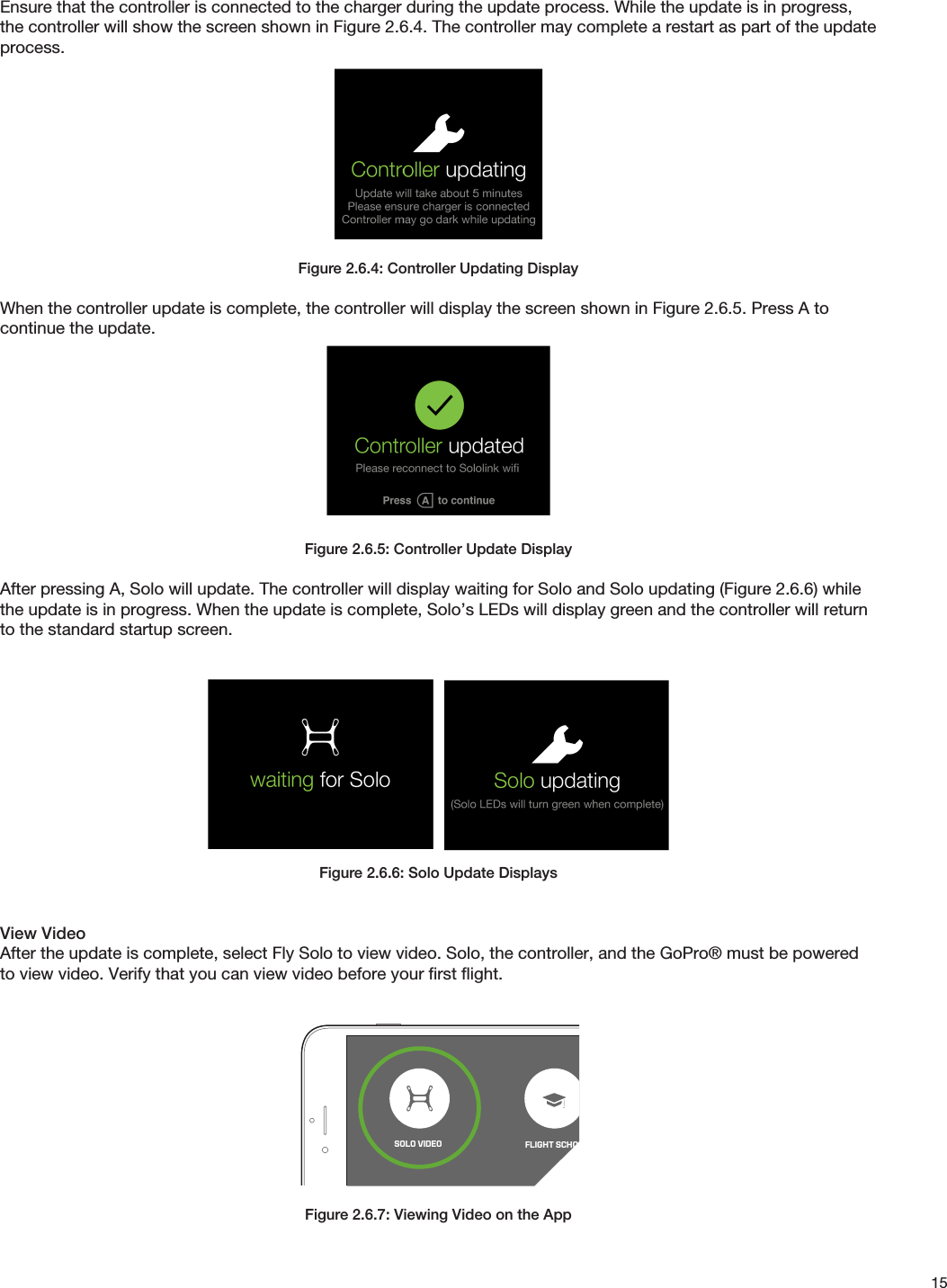 15Ensure that the controller is connected to the charger during the update process. While the update is in progress, the controller will show the screen shown in Figure 2.6.4. The controller may complete a restart as part of the update process.Figure 2.6.4: Controller Updating DisplayWhen the controller update is complete, the controller will display the screen shown in Figure 2.6.5. Press A to continue the update.Figure 2.6.5: Controller Update DisplayAfter pressing A, Solo will update. The controller will display waiting for Solo and Solo updating (Figure 2.6.6) while the update is in progress. When the update is complete, Solo’s LEDs will display green and the controller will return to the standard startup screen.Figure 2.6.6: Solo Update DisplaysView VideoAfter the update is complete, select Fly Solo to view video. Solo, the controller, and the GoPro® must be powered to view video. Verify that you can view video before your ﬁrst ﬂight.Figure 2.6.7: Viewing Video on the AppRusty Mitchell SupportFLIGHT SCHOOLSOLO VIDEO