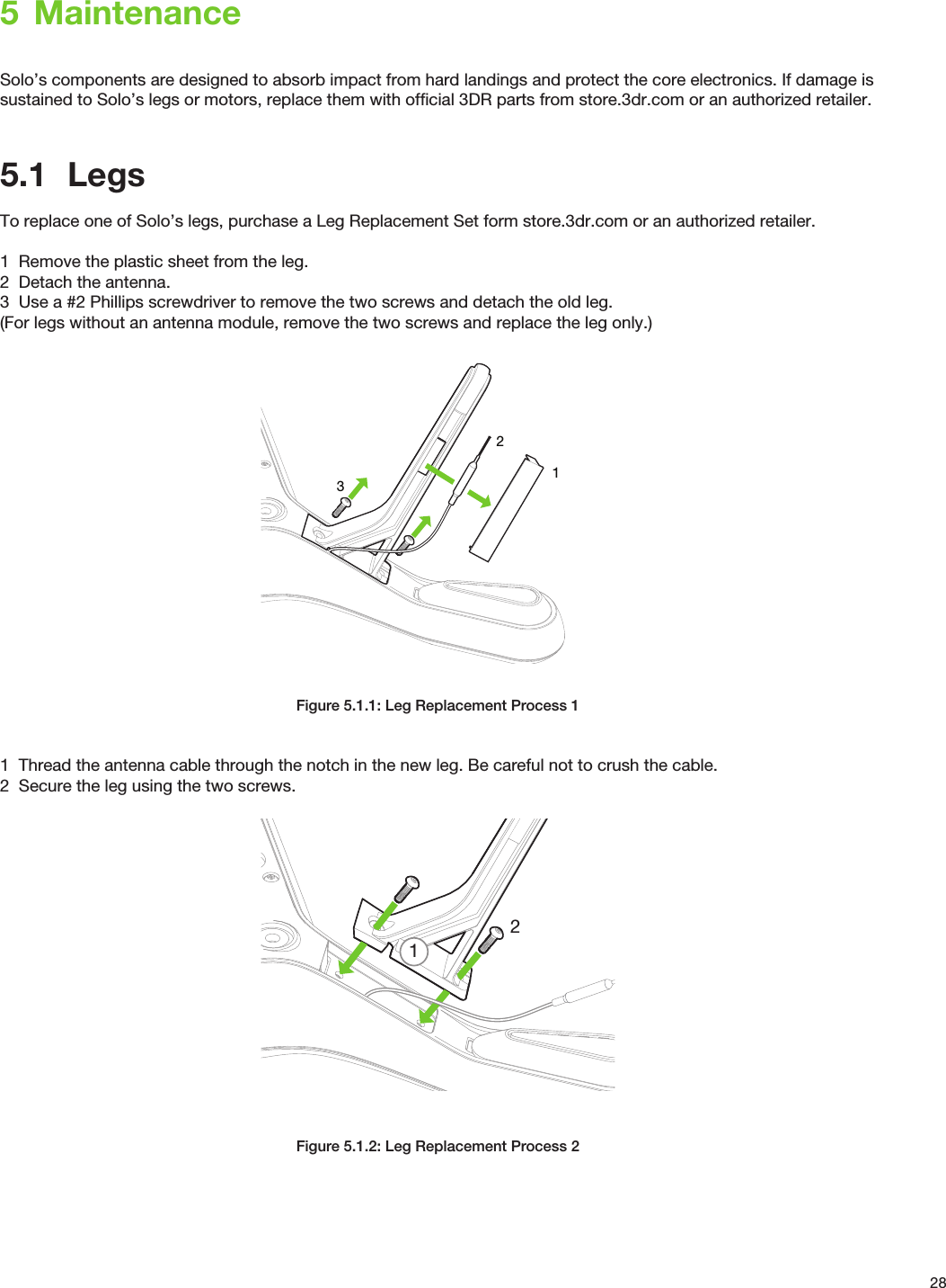 285  MaintenanceSolo’s components are designed to absorb impact from hard landings and protect the core electronics. If damage is sustained to Solo’s legs or motors, replace them with ofﬁcial 3DR parts from store.3dr.com or an authorized retailer.5.1  LegsTo replace one of Solo’s legs, purchase a Leg Replacement Set form store.3dr.com or an authorized retailer.1  Remove the plastic sheet from the leg.2  Detach the antenna.3  Use a #2 Phillips screwdriver to remove the two screws and detach the old leg.(For legs without an antenna module, remove the two screws and replace the leg only.)Figure 5.1.1: Leg Replacement Process 11  Thread the antenna cable through the notch in the new leg. Be careful not to crush the cable.2  Secure the leg using the two screws.Figure 5.1.2: Leg Replacement Process 212321