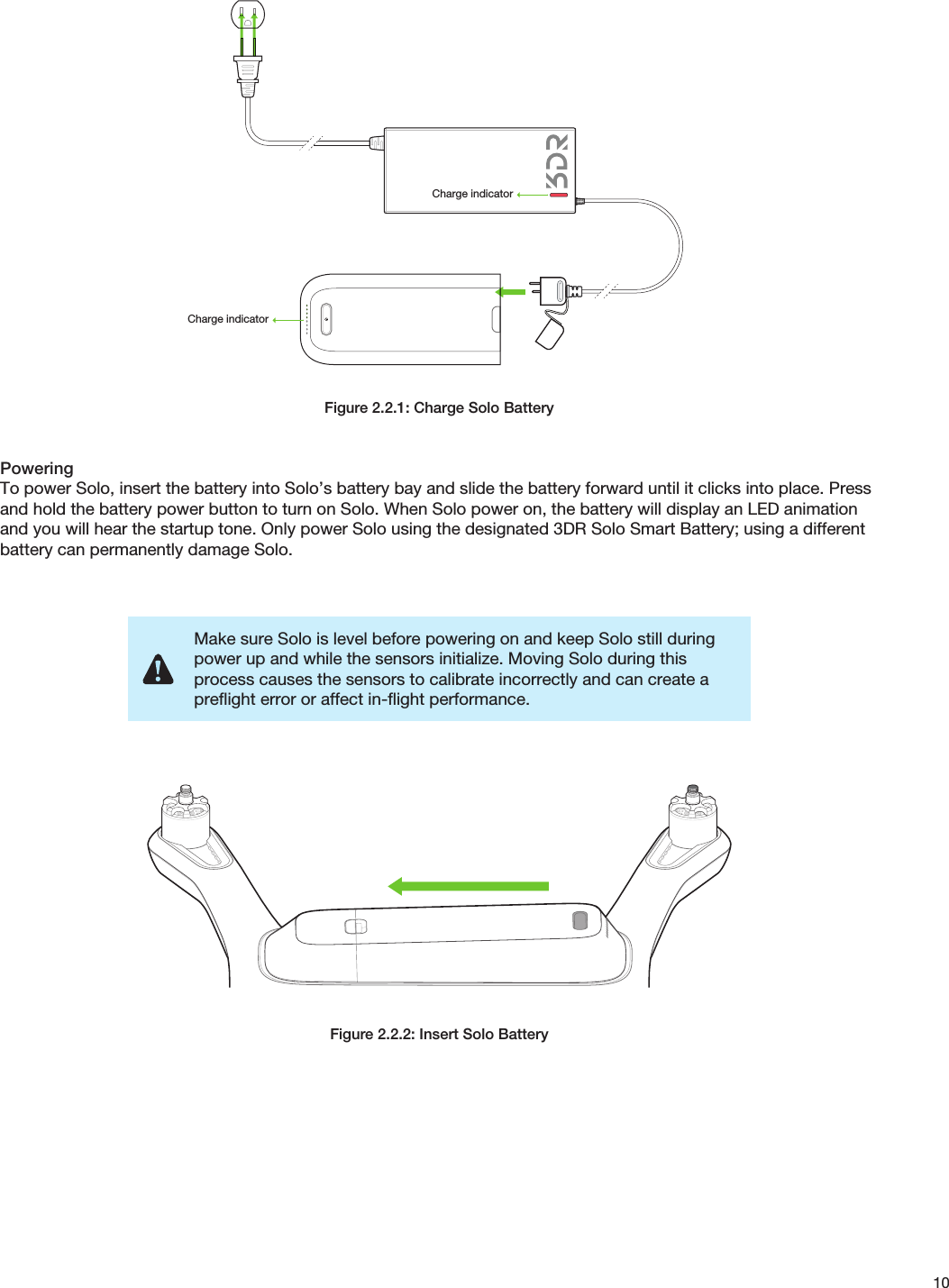 10Figure 2.2.1: Charge Solo BatteryPoweringTo power Solo, insert the battery into Solo’s battery bay and slide the battery forward until it clicks into place. Press and hold the battery power button to turn on Solo. When Solo power on, the battery will display an LED animation and you will hear the startup tone. Only power Solo using the designated 3DR Solo Smart Battery; using a different battery can permanently damage Solo.Figure 2.2.2: Insert Solo BatteryCharge indicatorCharge indicatorMake sure Solo is level before powering on and keep Solo still during power up and while the sensors initialize. Moving Solo during this process causes the sensors to calibrate incorrectly and can create a preflight error or affect in-flight performance.