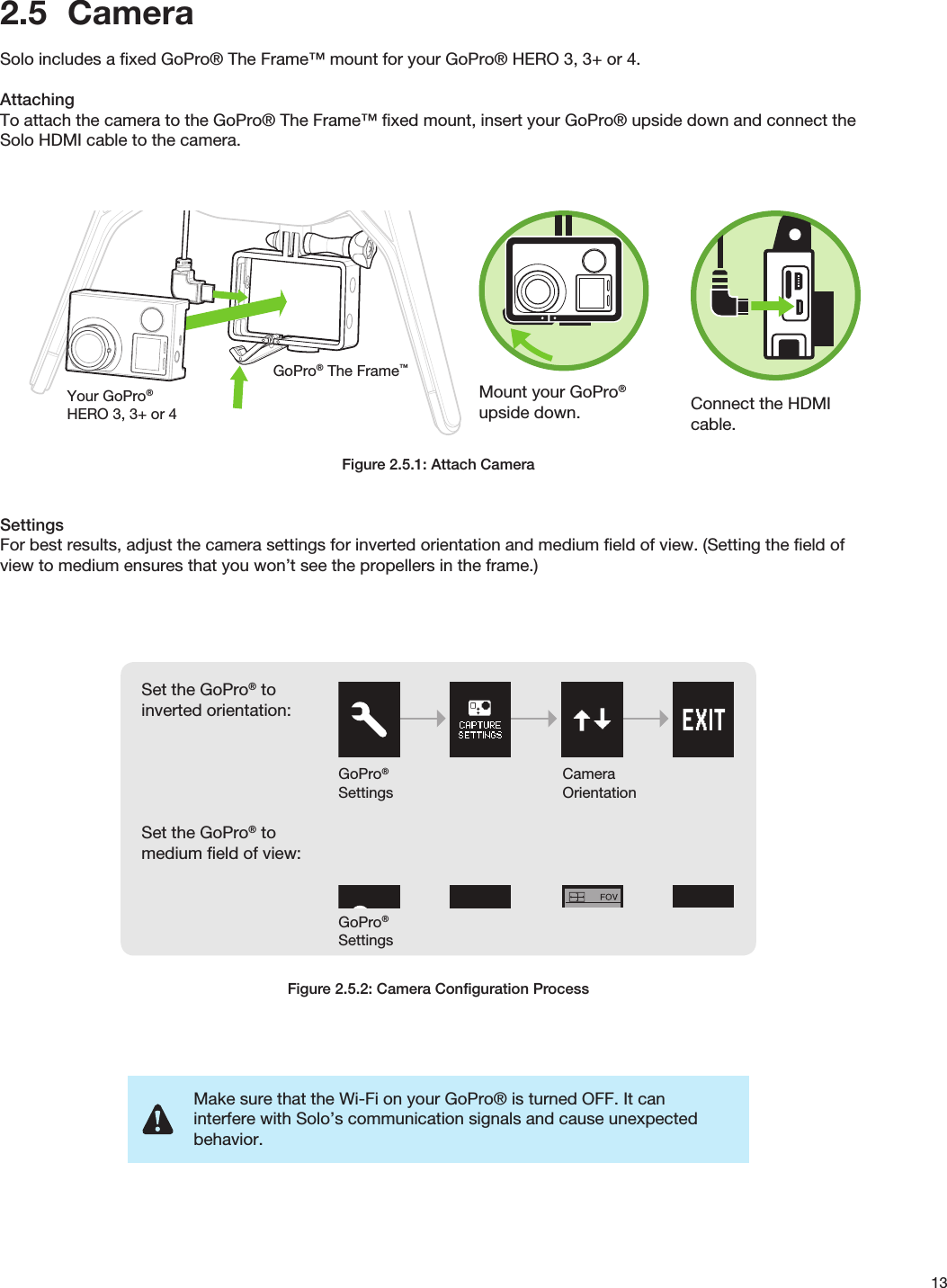 132.5  CameraSolo includes a ﬁxed GoPro® The Frame™ mount for your GoPro® HERO 3, 3+ or 4. AttachingTo attach the camera to the GoPro® The Frame™ ﬁxed mount, insert your GoPro® upside down and connect the Solo HDMI cable to the camera.Figure 2.5.1: Attach CameraSettingsFor best results, adjust the camera settings for inverted orientation and medium ﬁeld of view. (Setting the ﬁeld of view to medium ensures that you won’t see the propellers in the frame.) Figure 2.5.2: Camera Conﬁguration ProcessMake sure that the Wi-Fi on your GoPro® is turned OFF. It can interfere with Solo’s communication signals and cause unexpected behavior.GoPro® The Frame™Your GoPro® HERO 3, 3+ or 4Mount your GoPro® upside down. Connect the HDMI cable.Set the GoPro® to inverted orientation:Set the GoPro® to medium ﬁeld of view:GoPro® SettingsGoPro® SettingsCamera Orientation