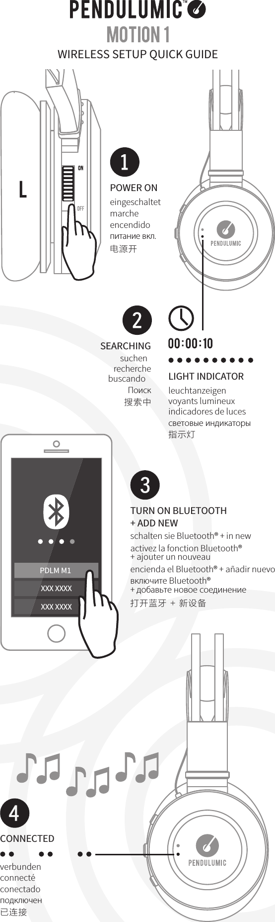    LIGHT INDICATORleuchtanzeigen voyants lumineuxindicadores de luces    cветовые индикаторы 指示灯SEARCHINGsuchen  recherchebuscando   Поиск搜索中PDLM M1XXX XXXXXXX XXXXeingeschaltetmarcheencendidoпитание вкл.电源开POWER ONLCONNECTEDverbundenconnect&eacute;conectado  подключен已连接WIRELESS SETUP QUICK GUIDEschalten sie Bluetooth&reg; + in newactivez la fonction Bluetooth&reg;+ ajouter un nouveauencienda el Bluetooth&reg; + a&ntilde;adir nuevo 打开蓝牙 + 新设备TURN ON BLUETOOTH+ ADD NEWвключите Bluetooth&reg;+ добавьте новое соединение