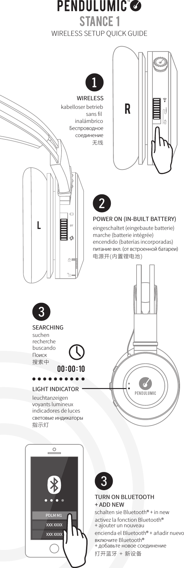 PDLM M1XXX XXXXXXX XXXXschalten sie Bluetooth&reg; + in newactivez la fonction Bluetooth&reg;+ ajouter un nouveauencienda el Bluetooth&reg; + a&ntilde;adir nuevo 打开蓝牙 + 新设备TURN ON BLUETOOTH+ ADD NEWвключите Bluetooth&reg;+ добавьте новое соединениеWIRELESS SETUP QUICK GUIDEWIRELESSkabelloser betriebsans fil inal&aacute;mbricoБеспроводноесоединение无线eingeschaltet (eingebaute batterie)marche (batterie int&eacute;gr&eacute;e)encendido (bater&iacute;as incorporadas)   питание вкл. (от встроенной батареи)电源开(内置锂电池)POWER ON (IN-BUILT BATTERY)LIGHT INDICATORleuchtanzeigen voyants lumineuxindicadores de luces    cветовые индикаторы 指示灯SEARCHINGsuchen  recherchebuscando   Поиск搜索中RL