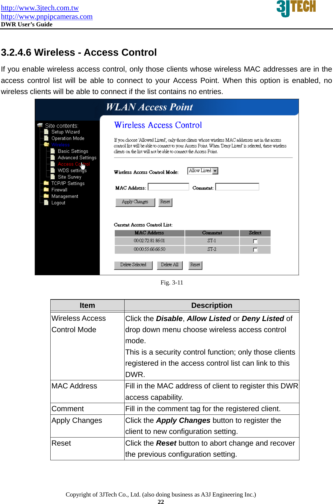 http://www.3jtech.com.tw http://www.pnpipcameras.com  DWR User&rsquo;s Guide   Copyright of 3JTech Co., Ltd. (also doing business as A3J Engineering Inc.) 22  3.2.4.6 Wireless - Access Control If you enable wireless access control, only those clients whose wireless MAC addresses are in the access control list will be able to connect to your Access Point. When this option is enabled, no wireless clients will be able to connect if the list contains no entries.  Fig. 3-11  Item  Description   Wireless Access Control Mode Click the Disable, Allow Listed or Deny Listed of drop down menu choose wireless access control mode. This is a security control function; only those clients registered in the access control list can link to this DWR.  MAC Address  Fill in the MAC address of client to register this DWRaccess capability. Comment  Fill in the comment tag for the registered client. Apply Changes  Click the Apply Changes button to register the client to new configuration setting. Reset  Click the Reset button to abort change and recover the previous configuration setting. 