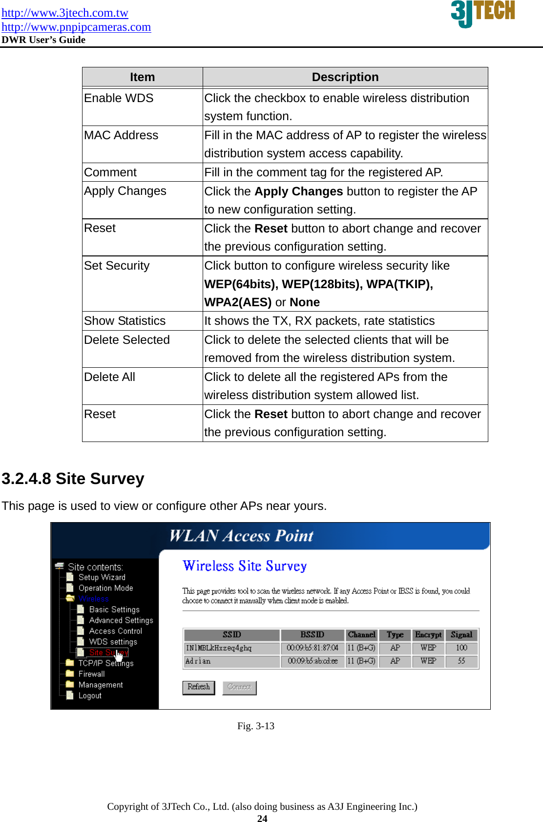 http://www.3jtech.com.tw http://www.pnpipcameras.com  DWR User&rsquo;s Guide   Copyright of 3JTech Co., Ltd. (also doing business as A3J Engineering Inc.) 24  Item  Description   Enable WDS  Click the checkbox to enable wireless distribution system function.   MAC Address  Fill in the MAC address of AP to register the wireless distribution system access capability. Comment  Fill in the comment tag for the registered AP. Apply Changes  Click the Apply Changes button to register the AP to new configuration setting. Reset  Click the Reset button to abort change and recover the previous configuration setting. Set Security  Click button to configure wireless security like WEP(64bits), WEP(128bits), WPA(TKIP), WPA2(AES) or None Show Statistics  It shows the TX, RX packets, rate statistics Delete Selected  Click to delete the selected clients that will be removed from the wireless distribution system. Delete All  Click to delete all the registered APs from the wireless distribution system allowed list.   Reset  Click the Reset button to abort change and recover the previous configuration setting.  3.2.4.8 Site Survey This page is used to view or configure other APs near yours.  Fig. 3-13 