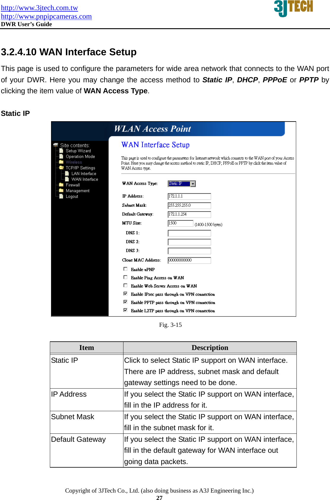 http://www.3jtech.com.tw http://www.pnpipcameras.com  DWR User&rsquo;s Guide   Copyright of 3JTech Co., Ltd. (also doing business as A3J Engineering Inc.) 27  3.2.4.10 WAN Interface Setup This page is used to configure the parameters for wide area network that connects to the WAN port of your DWR. Here you may change the access method to Static IP, DHCP, PPPoE or PPTP by clicking the item value of WAN Access Type.   Static IP  Fig. 3-15  Item  Description   Static IP  Click to select Static IP support on WAN interface. There are IP address, subnet mask and default gateway settings need to be done. IP Address  If you select the Static IP support on WAN interface, fill in the IP address for it. Subnet Mask  If you select the Static IP support on WAN interface, fill in the subnet mask for it. Default Gateway  If you select the Static IP support on WAN interface, fill in the default gateway for WAN interface out going data packets. 