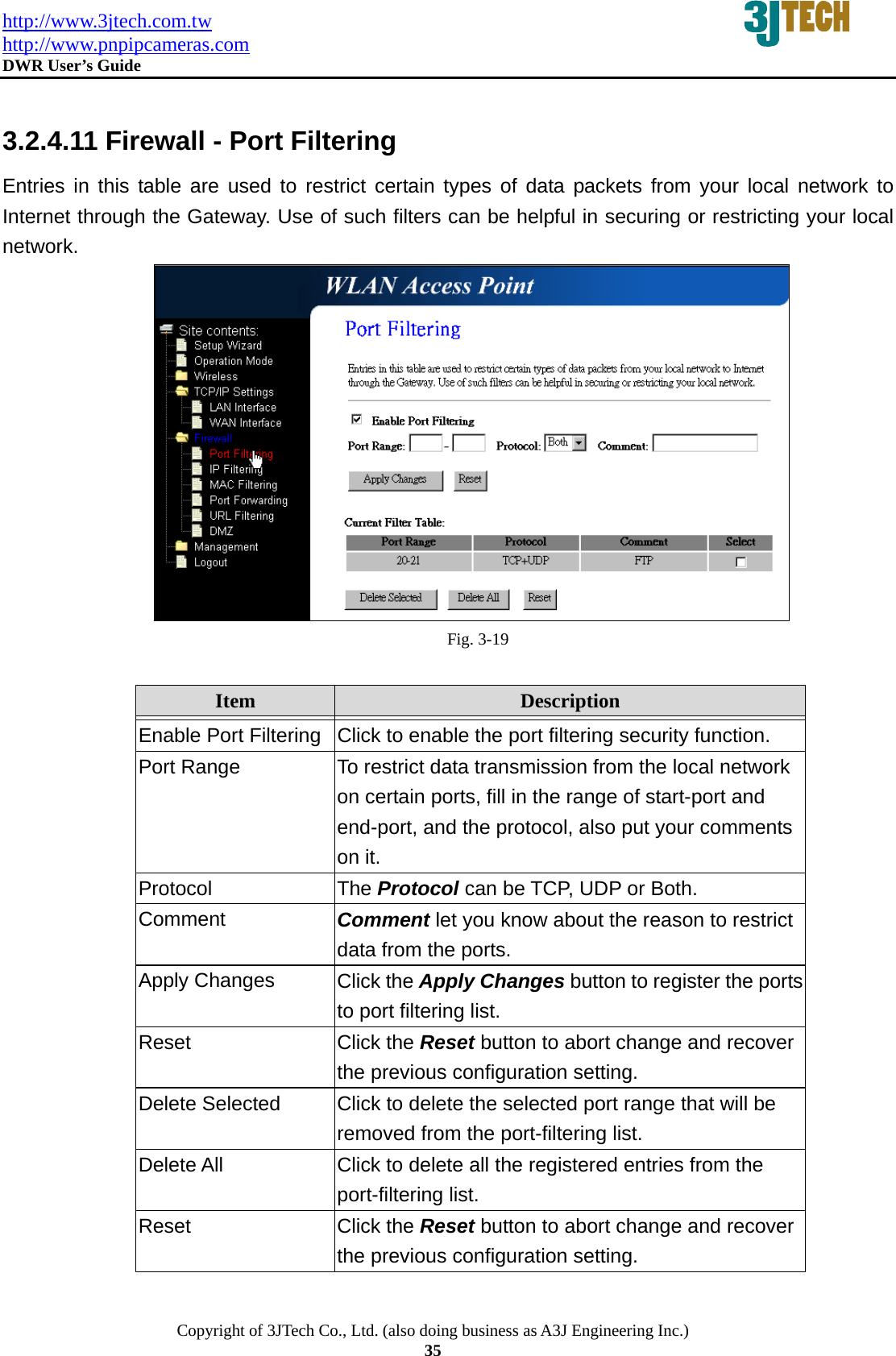 http://www.3jtech.com.tw http://www.pnpipcameras.com  DWR User&rsquo;s Guide   Copyright of 3JTech Co., Ltd. (also doing business as A3J Engineering Inc.) 35  3.2.4.11 Firewall - Port Filtering Entries in this table are used to restrict certain types of data packets from your local network to Internet through the Gateway. Use of such filters can be helpful in securing or restricting your local network.  Fig. 3-19  Item  Description   Enable Port Filtering  Click to enable the port filtering security function. Port Range  To restrict data transmission from the local network on certain ports, fill in the range of start-port and end-port, and the protocol, also put your comments on it. Protocol  The Protocol can be TCP, UDP or Both. Comment  Comment let you know about the reason to restrict data from the ports. Apply Changes  Click the Apply Changes button to register the ports to port filtering list. Reset  Click the Reset button to abort change and recover the previous configuration setting. Delete Selected  Click to delete the selected port range that will be removed from the port-filtering list. Delete All  Click to delete all the registered entries from the port-filtering list.   Reset  Click the Reset button to abort change and recover the previous configuration setting.  