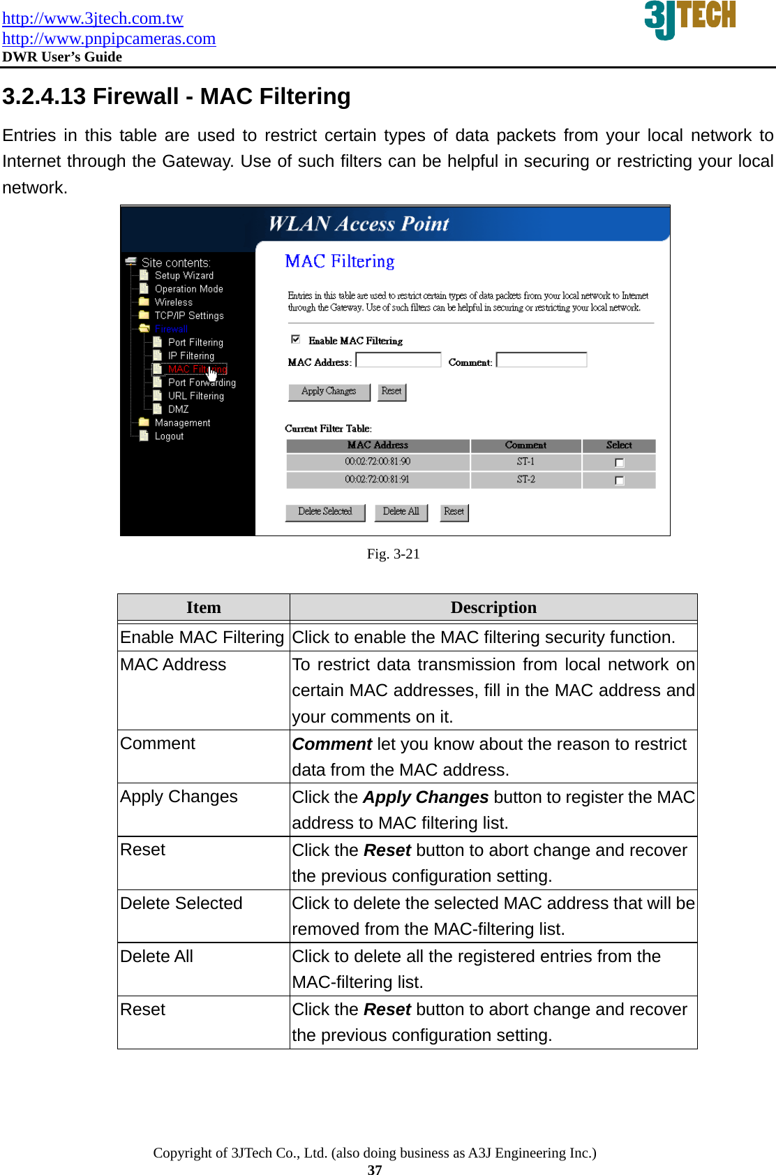 http://www.3jtech.com.tw http://www.pnpipcameras.com  DWR User&rsquo;s Guide   Copyright of 3JTech Co., Ltd. (also doing business as A3J Engineering Inc.) 37 3.2.4.13 Firewall - MAC Filtering Entries in this table are used to restrict certain types of data packets from your local network to Internet through the Gateway. Use of such filters can be helpful in securing or restricting your local network.  Fig. 3-21  Item  Description   Enable MAC Filtering Click to enable the MAC filtering security function. MAC Address  To restrict data transmission from local network on certain MAC addresses, fill in the MAC address and your comments on it. Comment  Comment let you know about the reason to restrict data from the MAC address. Apply Changes  Click the Apply Changes button to register the MAC address to MAC filtering list. Reset  Click the Reset button to abort change and recover the previous configuration setting. Delete Selected  Click to delete the selected MAC address that will be removed from the MAC-filtering list. Delete All  Click to delete all the registered entries from the MAC-filtering list.   Reset  Click the Reset button to abort change and recover the previous configuration setting.  