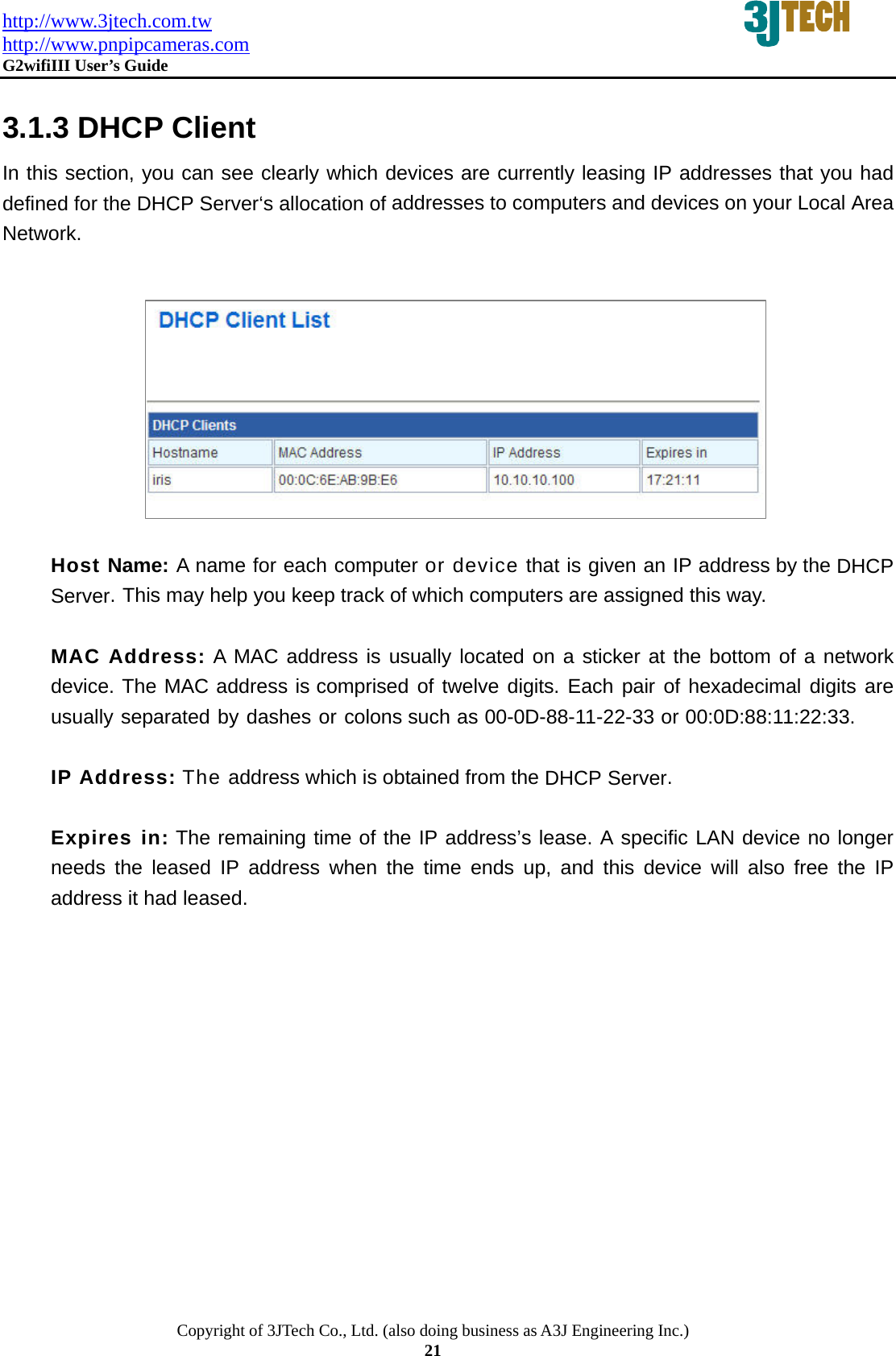 http://www.3jtech.com.tw http://www.pnpipcameras.com  G2wifiIII User&rsquo;s Guide   Copyright of 3JTech Co., Ltd. (also doing business as A3J Engineering Inc.) 21  3.1.3 DHCP Client In this section, you can see clearly which devices are currently leasing IP addresses that you had defined for the DHCP Server&lsquo;s allocation of addresses to computers and devices on your Local Area Network.           Host Name: A name for each computer or device that is given an IP address by the DHCP Server. This may help you keep track of which computers are assigned this way.    MAC Address: A MAC address is usually located on a sticker at the bottom of a network device. The MAC address is comprised of twelve digits. Each pair of hexadecimal digits are usually separated by dashes or colons such as 00-0D-88-11-22-33 or 00:0D:88:11:22:33.    IP Address: The address which is obtained from the DHCP Server.  Expires in: The remaining time of the IP address&rsquo;s lease. A specific LAN device no longer needs the leased IP address when the time ends up, and this device will also free the IP address it had leased.      