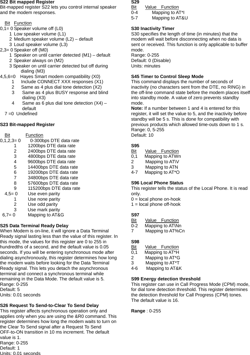 S22 Bit mapped Register Bit-mapped register S22 lets you control internal speaker and the modem responses.    Bit Function 0,1= 0 Speaker volume off (L0)     1 Low speaker volume (L1)     2 Medium speaker volume (L2) &ndash; default     3 Loud speaker volume (L3) 2,3= 0 Speaker off (M0)         1  Speaker on until carrier detected (M1) &ndash; default     2 Speaker always on (M2)         3 Speaker on until carrier detected but off during dialing (M3) 4,5,6=0  Hayes Smart modem compatibility (X0)      1   Include CONNECT XXX responses (X1)      2   Same as 4 plus dial tone detection (X2) 3  Same as 4 plus BUSY response and blind   dialing (X3) 4  Same as 6 plus dial tone detection (X4) &ndash;   default   7 =0  Undefined  S23 Bit-mapped Register    Bit       Function 0,1,2,3= 0    0-300bps DTE data rate       1  1200bps DTE data rate       2  2400bps DTE data rate       3  4800bps DTE data rate 4  9600bps DTE data rate 5  14400bps DTE data rate 6  19200bps DTE data rate       7  34800bps DTE data rate       8  57600bps DTE data rate       9  115200bps DTE data rate     4,5= 0  Use even parity       1  Use none parity       2  Use odd parity 3  Use mark parity   6,7= 0  Mapping to AT&amp;G  S25 Data Terminal Ready Delay When Modem is on-line, it will ignore a Data Terminal Ready signal lasting less than the value of this register. In this mode, the values for this register are 0 to 255 in hundredths of a second, and the default value is 0.05 seconds. If you will be entering synchronous mode after dialing asynchronously, this register determines how long the modem waits before looking for the Data Terminal Ready signal. This lets you detach the asynchronous terminal and connect a synchronous terminal while remaining in the Data Mode. The default value is 5. Range: 0-255 Default: 5 Units: 0.01 seconds  S26 Request To Send-to-Clear To Send Delay This register affects synchronous operation only and applies only when you are using the &amp;R0 command. This register determines how long the modem waits to turn on the Clear To Send signal after a Request To Send OFF-to-ON transition in 10 ms increment. The default value is 1. Range: 0-255 Default: 1 Units: 0.01 seconds  S29  Bit Value  Function 0-4 Mapping to AT*I 5-7 Mapping to AT&amp;U  S30 Inactivity Timer S30 specifies the length of time (in minutes) that the modem will wait before disconnecting when no data is sent or received. This function is only applicable to buffer mode. Range: 0-255 Default: 0 (Disable) Units: minutes  S45 Timer to Control Sleep Mode This command displays the number of seconds of inactivity (no characters sent from the DTE, no RING) in the off-line command state before the modem places itself into standby mode. A value of zero prevents standby mode. Note: If a number between 1 and 4 is entered for this register, it will set the value to 5, and the inactivity before standby will be 5 s. This is done for compatibility with previous products which allowed time-outs down to 1 s. Range: 0, 5-255 Default: 10  S95  Bit Value  Function 0,1   Mapping to ATWn 2     Mapping to AT\V 3     Mapping to ATN 4-7   Mapping to AT*O  S96 Local Phone Status This register tells the status of the Local Phone. It is read only. 0 = local phone on-hook 1 = local phone off-hook  S97  Bit Value  Function 0-2   Mapping to AT\Nn 7     Mapping to AT%Cn  S98  Bit Value  Function 0,1   Mapping to AT*H 2     Mapping to AT*G 3 Mapping to AT*T 4-6    Mapping to AT&amp;K  S99 Energy detection threshold This register can use in Call Progress Mode (CPM) mode, for dial tone detection threshold. This register determines the detection threshold for Call Progress (CPM) tones. The default value is 16.  Range : 0-255  