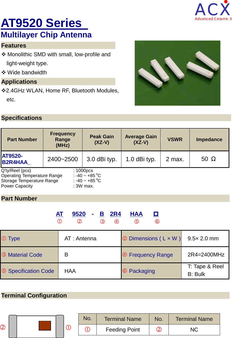     ACX  Advanced Ceramic X   AT9520 Series   Multilayer Chip Antenna Features                    Monolithic SMD with small, low-profile and light-weight type.  Wide bandwidth Applications                                                 2.4GHz WLAN, Home RF, Bluetooth Modules, etc.  Specifications                                                             Part Number  Frequency Range  (MHz) Peak Gain (XZ-V)  Average Gain (XZ-V)  VSWR  Impedance AT9520- B2R4HAA_  2400~2500  3.0 dBi typ.  1.0 dBi typ.  2 max.  50  &Omega; Q&rsquo;ty/Reel (pcs)     : 1000pcs Operating Temperature Range    : -40 ~ +85 oC Storage Temperature Range    : -40 ~ +85 oC Power Capacity    : 3W max.  Part Number                                                                               AT   9520  -  B  2R4   HAA      ghfedc  c Type AT : Antenna d Dimensions ( L &times; W ) 9.5&times; 2.0 mm e Material Code B f Frequency Range 2R4=2400MHz g Specification Code HAA h Packaging T: Tape &amp; Reel B: Bulk  Terminal Configuration                                                                   No.  Terminal Name  No.  Terminal Name c Feeding Point  d NC  d c    