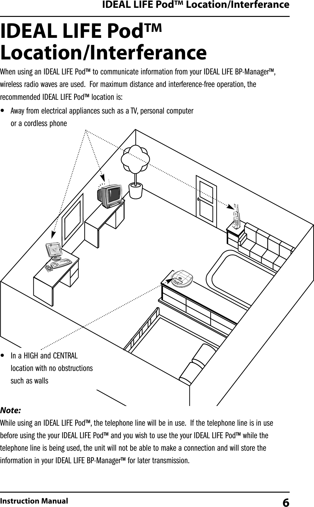IDEAL LIFE Pod&trade;Location/InterferanceWhen using an IDEAL LIFE Pod&trade; to communicate information from your IDEAL LIFE BP-Manager&trade;,wireless radio waves are used. For maximum distance and interference-free operation, therecommended IDEAL LIFE Pod&trade; location is:Note:While using an IDEAL LIFE Pod&trade;, the telephone line will be in use. If the telephone line is in usebefore using the your IDEAL LIFE Pod&trade; and you wish to use the your IDEAL LIFE Pod&trade; while thetelephone line is being used, the unit will not be able to make a connection and will store theinformation in your IDEAL LIFE BP-Manager&trade; for later transmission.IDEAL LIFE Pod&trade; Location/InterferanceInstruction Manual 6&bull;In a HIGH and CENTRALlocation with no obstructionssuch as walls&bull;Away from electrical appliances such as a TV, personal computeror a cordless phone