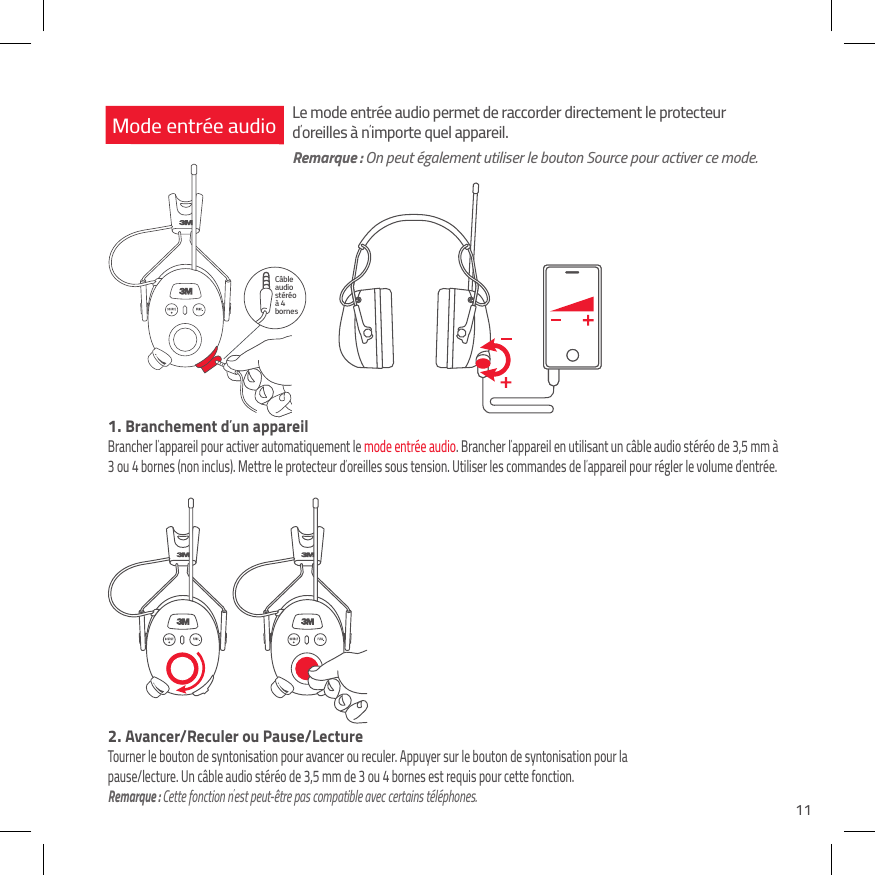 11C&acirc;ble audio st&eacute;r&eacute;o &agrave; 4 bornes Mode entr&eacute;e audio1.  Branchement d&rsquo;un appareilBrancher l&rsquo;appareil pour activer automatiquement le mode entr&eacute;e audio. Brancher l&rsquo;appareil en utilisant un c&acirc;ble audio st&eacute;r&eacute;o de 3,5 mm &agrave; 3 ou 4 bornes (non inclus). Mettre le protecteur d&rsquo;oreilles sous tension. Utiliser les commandes de l&rsquo;appareil pour r&eacute;gler le volume d&rsquo;entr&eacute;e.Le mode entr&eacute;e audio permet de raccorder directement le protecteur d&rsquo;oreilles &agrave; n&rsquo;importe quel appareil.Remarque : On peut &eacute;galement utiliser le bouton Source pour activer ce mode.2.  Avancer/Reculer ou Pause/LectureTourner le bouton de syntonisation pour avancer ou reculer. Appuyer sur le bouton de syntonisation pour la pause/lecture. Un c&acirc;ble audio st&eacute;r&eacute;o de 3,5 mm de 3 ou 4 bornes est requis pour cette fonction. Remarque : Cette fonction n&rsquo;est peut-&ecirc;tre pas compatible avec certains t&eacute;l&eacute;phones.