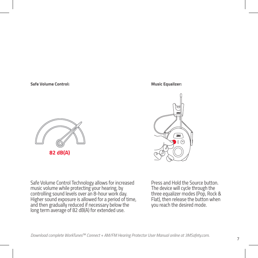 7Safe Volume Control Technology allows for increased music volume while protecting your hearing, by controlling sound levels over an 8-hour work day. Higher sound exposure is allowed for a period of time, and then gradually reduced if necessary below the long term average of 82 dB(A) for extended use. Press and Hold the Source button. The device will cycle through the three equalizer modes (Pop, Rock &amp; Flat), then release the button when you reach the desired mode.82 dB(A)Safe Volume Control: Music Equalizer:Download complete WorkTunesTM Connect + AM/FM Hearing Protector User Manual online at 3MSafety.com.