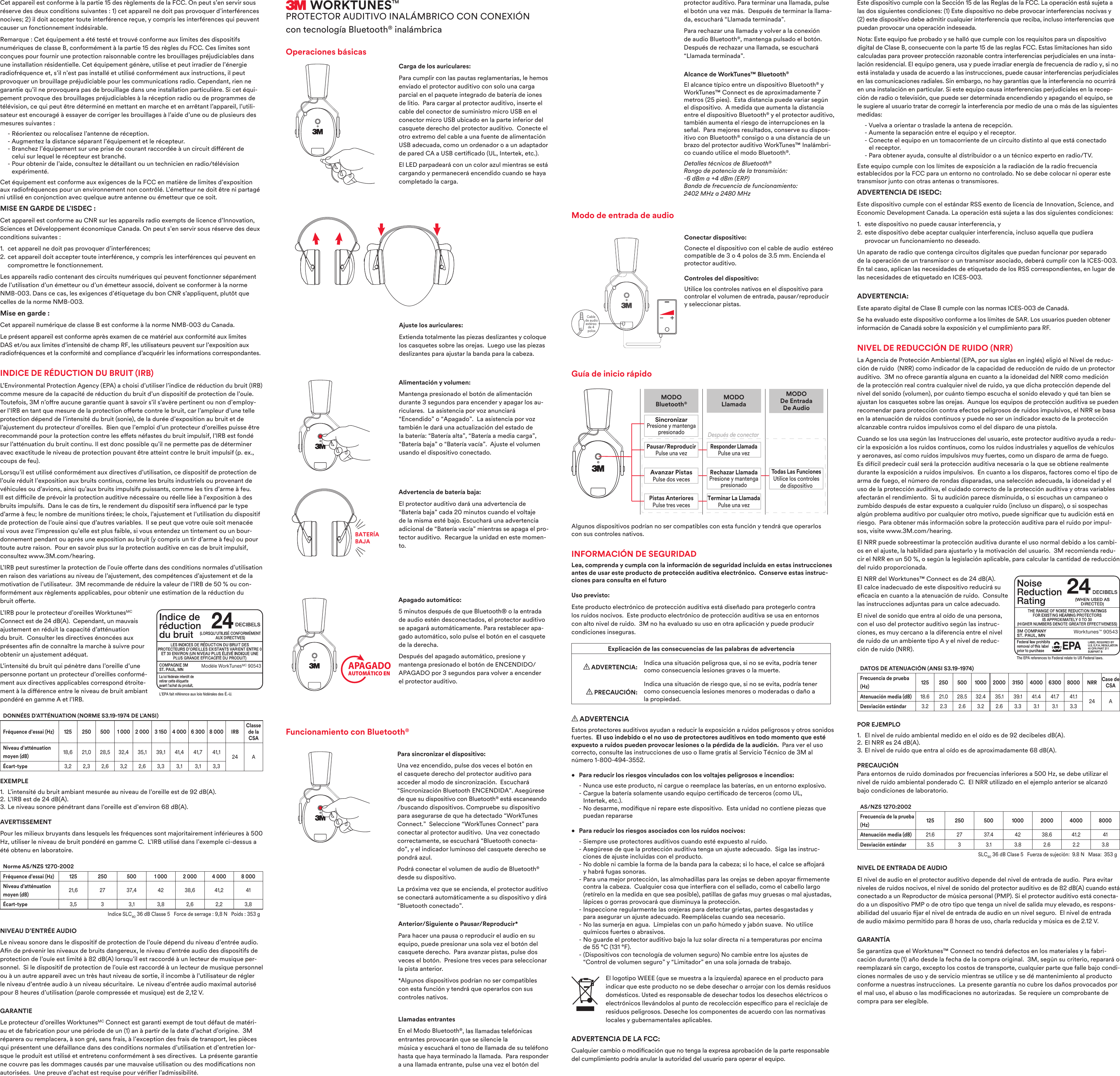 Cet appareil est conforme &agrave; la partie 15 des r&egrave;glements de la FCC. On peut s&rsquo;en servir sous r&eacute;serve des deux conditions suivantes : 1) cet appareil ne doit pas provoquer d&rsquo;interf&eacute;rences nocives; 2) il doit accepter toute interf&eacute;rence re&ccedil;ue, y compris les interf&eacute;rences qui peuvent causer un fonctionnement ind&eacute;sirable.Remarque : Cet &eacute;quipement a &eacute;t&eacute; test&eacute; et trouv&eacute; conforme aux limites des dispositifs num&eacute;riques de classe B, conform&eacute;ment &agrave; la partie 15 des r&egrave;gles du FCC. Ces limites sont con&ccedil;ues pour fournir une protection raisonnable contre les brouillages pr&eacute;judiciables dans une installation r&eacute;sidentielle. Cet &eacute;quipement g&eacute;n&egrave;re, utilise et peut irradier de l&rsquo;&eacute;nergie  radiofr&eacute;quence et, s&rsquo;il n&rsquo;est pas install&eacute; et utilis&eacute; conform&eacute;ment aux instructions, il peut  provoquer un brouillage pr&eacute;judiciable pour les communications radio. Cependant, rien ne garantie qu&rsquo;il ne provoquera pas de brouillage dans une installation particuli&egrave;re. Si cet &eacute;qui-pement provoque des brouillages pr&eacute;judiciables &agrave; la r&eacute;ception radio ou de programmes de t&eacute;l&eacute;vision, ce qui peut &ecirc;tre d&eacute;termin&eacute; en mettant en marche et en arr&ecirc;tant l&rsquo;appareil, l&rsquo;utili-sateur est encourag&eacute; &agrave; essayer de corriger les brouillages &agrave; l&rsquo;aide d&rsquo;une ou de plusieurs des mesures suivantes :  - R&eacute;orientez ou relocalisez l&rsquo;antenne de r&eacute;ception.  - Augmentez la distance s&eacute;parant l&rsquo;&eacute;quipement et le r&eacute;cepteur.  -  Branchez l&rsquo;&eacute;quipement sur une prise de courant raccord&eacute;e &agrave; un circuit di&eacute;rent de  celui sur lequel le r&eacute;cepteur est branch&eacute;.  -  Pour obtenir de l&rsquo;aide, consultez le d&eacute;taillant ou un technicien en radio/t&eacute;l&eacute;vision  exp&eacute;riment&eacute;.Cet &eacute;quipement est conforme aux exigences de la FCC en mati&egrave;re de limites d&rsquo;exposition aux radiofr&eacute;quences pour un environnement non contr&ocirc;l&eacute;. L&rsquo;&eacute;metteur ne doit &ecirc;tre ni partag&eacute; ni utilis&eacute; en conjonction avec quelque autre antenne ou &eacute;metteur que ce soit.MISE EN GARDE DE L&rsquo;ISDEC :Cet appareil est conforme au CNR sur les appareils radio exempts de licence d&rsquo;Innovation, Sciences et D&eacute;veloppement &eacute;conomique Canada. On peut s&rsquo;en servir sous r&eacute;serve des deux conditions suivantes : 1.  cet appareil ne doit pas provoquer d&rsquo;interf&eacute;rences;2.  cet appareil doit accepter toute interf&eacute;rence, y compris les interf&eacute;rences qui peuvent en compromettre le fonctionnement.Les appareils radio contenant des circuits num&eacute;riques qui peuvent fonctionner s&eacute;par&eacute;ment de l&rsquo;utilisation d&rsquo;un &eacute;metteur ou d&rsquo;un &eacute;metteur associ&eacute;, doivent se conformer &agrave; la norme NMB-003. Dans ce cas, les exigences d&rsquo;&eacute;tiquetage du bon CNR s&rsquo;appliquent, plut&ocirc;t que celles de la norme NMB-003.Mise en garde :Cet appareil num&eacute;rique de classe B est conforme &agrave; la norme NMB-003 du Canada.Le pr&eacute;sent appareil est conforme apr&egrave;s examen de ce mat&eacute;riel aux conformit&eacute; aux limites  DAS et/ou aux limites d&rsquo;intensit&eacute; de champ RF, les utilisateurs peuvent sur l&rsquo;exposition aux radiofr&eacute;quences et la conformit&eacute; and compliance d&rsquo;acqu&eacute;rir les informations correspondantes.INDICE DE R&Eacute;DUCTION DU BRUIT (IRB)L&rsquo;Environmental Protection Agency (EPA) a choisi d&rsquo;utiliser l&rsquo;indice de r&eacute;duction du bruit (IRB) comme mesure de la capacit&eacute; de r&eacute;duction du bruit d&rsquo;un dispositif de protection de l&rsquo;ou&iuml;e.  Toutefois, 3M n&rsquo;ore aucune garantie quant &agrave; savoir s&rsquo;il s&rsquo;av&egrave;re pertinent ou non d&rsquo;employ-er l&rsquo;IRB en tant que mesure de la protection oerte contre le bruit, car l&rsquo;ampleur d&rsquo;une telle protection d&eacute;pend de l&rsquo;intensit&eacute; du bruit (sonie), de la dur&eacute;e d&rsquo;exposition au bruit et de l&rsquo;ajustement du protecteur d&rsquo;oreilles.  Bien que l&rsquo;emploi d&rsquo;un protecteur d&rsquo;oreilles puisse &ecirc;tre recommand&eacute; pour la protection contre les eets n&eacute;fastes du bruit impulsif, l&rsquo;IRB est fond&eacute; sur l&rsquo;att&eacute;nuation du bruit continu. Il est donc possible qu&rsquo;il ne permette pas de d&eacute;terminer avec exactitude le niveau de protection pouvant &ecirc;tre atteint contre le bruit impulsif (p. ex., coups de feu).Lorsqu&rsquo;il est utilis&eacute; conform&eacute;ment aux directives d&rsquo;utilisation, ce dispositif de protection de l&rsquo;ou&iuml;e r&eacute;duit l&rsquo;exposition aux bruits continus, comme les bruits industriels ou provenant de v&eacute;hicules ou d&rsquo;avions, ainsi qu&rsquo;aux bruits impulsifs puissants, comme les tirs d&rsquo;arme &agrave; feu.  Il est dicile de pr&eacute;voir la protection auditive n&eacute;cessaire ou r&eacute;elle li&eacute;e &agrave; l&rsquo;exposition &agrave; des bruits impulsifs.  Dans le cas de tirs, le rendement du dispositif sera inuenc&eacute; par le type d&rsquo;arme &agrave; feu; le nombre de munitions tir&eacute;es; le choix, l&rsquo;ajustement et l&rsquo;utilisation du dispositif de protection de l&rsquo;ou&iuml;e ainsi que d&rsquo;autres variables.  Il se peut que votre ou&iuml;e soit menac&eacute;e si vous avez l&rsquo;impression qu&rsquo;elle est plus faible, si vous entendez un tintement ou un bour-donnement pendant ou apr&egrave;s une exposition au bruit (y compris un tir d&rsquo;arme &agrave; feu) ou pour toute autre raison.  Pour en savoir plus sur la protection auditive en cas de bruit impulsif, consultez www.3M.com/hearing.L&rsquo;IRB peut surestimer la protection de l&rsquo;ou&iuml;e oerte dans des conditions normales d&rsquo;utilisation en raison des variations au niveau de l&rsquo;ajustement, des comp&eacute;tences d&rsquo;ajustement et de la motivation de l&rsquo;utilisateur.  3M recommande de r&eacute;duire la valeur de l&rsquo;IRB de 50 % ou con-form&eacute;ment aux r&egrave;glements applicables, pour obtenir une estimation de la r&eacute;duction du  bruit oerte.L&rsquo;IRB pour le protecteur d&rsquo;oreilles WorktunesMC  Connect est de 24 dB(A).  Cependant, un mauvais ajustement en r&eacute;duit la capacit&eacute; d&rsquo;att&eacute;nuation du bruit.  Consulter les directives &eacute;nonc&eacute;es aux pr&eacute;sentes an de conna&icirc;tre la marche &agrave; suivre pour obtenir un ajustement ad&eacute;quat.L&rsquo;intensit&eacute; du bruit qui p&eacute;n&egrave;tre dans l&rsquo;oreille d&rsquo;une personne portant un protecteur d&rsquo;oreilles conform&eacute;-ment aux directives applicables correspond &eacute;troite-ment &agrave; la di&eacute;rence entre le niveau de bruit ambiant pond&eacute;r&eacute; en gamme A et l&rsquo;IRB.DONN&Eacute;ES D&rsquo;ATT&Eacute;NUATION (NORME S3.19-1974 DE L&rsquo;ANSI) Fr&eacute;quence d&rsquo;essai (Hz) 125 250 500 1 000 2 000 3 150 4 000 6 300 8 000 IRBClasse de la CSANiveau d&rsquo;att&eacute;nuation moyen (dB) 18,6 21,0 28,5 32,4 35,1 39,1 41,4 41,7 41,1 24 A&Eacute;cart-type 3,2 2,3 2,6 3,2 2,6 3,3 3,1 3,1 3,3EXEMPLE1.  L&rsquo;intensit&eacute; du bruit ambiant mesur&eacute;e au niveau de l&rsquo;oreille est de 92 dB(A).2. L&rsquo;IRB est de 24 dB(A).3. Le niveau sonore p&eacute;n&eacute;trant dans l&rsquo;oreille est d&rsquo;environ 68 dB(A).AVERTISSEMENTPour les milieux bruyants dans lesquels les fr&eacute;quences sont majoritairement inf&eacute;rieures &agrave; 500 Hz, utiliser le niveau de bruit pond&eacute;r&eacute; en gamme C.  L&rsquo;IRB utilis&eacute; dans l&rsquo;exemple ci-dessus a &eacute;t&eacute; obtenu en laboratoire.Norme AS/NZS 1270-2002Fr&eacute;quence d&rsquo;essai (Hz) 125 250 500 1 000 2 000 4 000 8 000Niveau d&rsquo;att&eacute;nuation moyen (dB) 21,6 27 37,4 42 38,6 41,2 41&Eacute;cart-type 3,5 3 3,1 3,8 2,6 2,2 3,8Indice SLC80 36 dB Classe 5   Force de serrage : 9,8 N   Poids : 353 gNIVEAU D&rsquo;ENTR&Eacute;E AUDIOLe niveau sonore dans le dispositif de protection de l&rsquo;ou&iuml;e d&eacute;pend du niveau d&rsquo;entr&eacute;e audio.  An de pr&eacute;venir les niveaux de bruits dangereux, le niveau d&rsquo;entr&eacute;e audio des dispositifs de protection de l&rsquo;ou&iuml;e est limit&eacute; &agrave; 82 dB(A) lorsqu&rsquo;il est raccord&eacute; &agrave; un lecteur de musique per-sonnel.  Si le dispositif de protection de l&rsquo;ou&iuml;e est raccord&eacute; &agrave; un lecteur de musique personnel ou &agrave; un autre appareil avec un tr&egrave;s haut niveau de sortie, il incombe &agrave; l&rsquo;utilisateur de r&eacute;gler le niveau d&rsquo;entr&eacute;e audio &agrave; un niveau s&eacute;curitaire.  Le niveau d&rsquo;entr&eacute;e audio maximal autoris&eacute; pour 8 heures d&rsquo;utilisation (parole compress&eacute;e et musique) est de 2,12 V.GARANTIELe protecteur d&rsquo;oreilles WorktunesMC Connect est garanti exempt de tout d&eacute;faut de mat&eacute;ri-au et de fabrication pour une p&eacute;riode de un (1) an &agrave; partir de la date d&rsquo;achat d&rsquo;origine.  3M r&eacute;parera ou remplacera, &agrave; son gr&eacute;, sans frais, &agrave; l&rsquo;exception des frais de transport, les pi&egrave;ces qui pr&eacute;sentent une d&eacute;faillance dans des conditions normales d&rsquo;utilisation et d&rsquo;entretien lor-sque le produit est utilis&eacute; et entretenu conform&eacute;ment &agrave; ses directives.  La pr&eacute;sente garantie ne couvre pas les dommages caus&eacute;s par une mauvaise utilisation ou des modications non autoris&eacute;es.  Une preuve d&rsquo;achat est requise pour v&eacute;rier l&rsquo;admissibilit&eacute;.WORKTUNESTMPROTECTOR AUDITIVO INAL&Aacute;MBRICO CON CONEXI&Oacute;Ncon tecnolog&iacute;a Bluetooth&reg; inal&aacute;mbricaOperaciones b&aacute;sicasCarga de los auriculares:Para cumplir con las pautas reglamentarias, le hemos enviado el protector auditivo con solo una carga parcial en el paquete integrado de bater&iacute;a de iones de litio.  Para cargar al protector auditivo, inserte el cable del conector de suministro micro USB en el conector micro USB ubicado en la parte inferior del casquete derecho del protector auditivo.  Conecte el otro extremo del cable a una fuente de alimentaci&oacute;n USB adecuada, como un ordenador o a un adaptador de pared CA a USB certicado (UL, Intertek, etc.).El LED parpadear&aacute; con un color azul mientras se est&aacute; cargando y permanecer&aacute; encendido cuando se haya completado la carga.Ajuste los auriculares:Extienda totalmente las piezas deslizantes y coloque los casquetes sobre las orejas.  Luego use las piezas deslizantes para ajustar la banda para la cabeza.Alimentaci&oacute;n y volumen:Mantenga presionado el bot&oacute;n de alimentaci&oacute;n  durante 3 segundos para encender y apagar los au-riculares.  La asistencia por voz anunciar&aacute;  &ldquo;Encendido&rdquo; o &ldquo;Apagado&rdquo;.  La asistencia por voz tambi&eacute;n le dar&aacute; una actualizaci&oacute;n del estado de la bater&iacute;a: &ldquo;Bater&iacute;a alta&rdquo;, &ldquo;Bater&iacute;a a media carga&rdquo;, &ldquo;Bater&iacute;a baja&rdquo; o &ldquo;Bater&iacute;a vac&iacute;a&rdquo;.  Ajuste el volumen usando el dispositivo conectado.BATER&Iacute;A BAJAAdvertencia de bater&iacute;a baja:El protector auditivo dar&aacute; una advertencia de  &ldquo;Bater&iacute;a baja&rdquo; cada 20 minutos cuando el voltaje de la misma est&eacute; bajo. Escuchar&aacute; una advertencia adicional de &ldquo;Bater&iacute;a vac&iacute;a&rdquo; mientras se apaga el pro-tector auditivo.  Recargue la unidad en este momen-to.  APAGADOAUTOM&Aacute;TICO EN Apagado autom&aacute;tico:5 minutos despu&eacute;s de que Bluetooth&reg; o la entrada de audio est&eacute;n desconectados, el protector auditivo se apagar&aacute; autom&aacute;ticamente. Para restablecer apa-gado autom&aacute;tico, solo pulse el bot&oacute;n en el casquete de la derecha.Despu&eacute;s del apagado autom&aacute;tico, presione y  mantenga presionado el bot&oacute;n de ENCENDIDO/APAGADO por 3 segundos para volver a encender  el protector auditivo.Funcionamiento con Bluetooth&reg;Para sincronizar el dispositivo:Una vez encendido, pulse dos veces el bot&oacute;n en  el casquete derecho del protector auditivo para  acceder al modo de sincronizaci&oacute;n.  Escuchar&aacute;  &ldquo;Sincronizaci&oacute;n Bluetooth ENCENDIDA&rdquo;. Aseg&uacute;rese de que su dispositivo con Bluetooth&reg; est&aacute; escaneando /buscando dispositivos. Compruebe su dispositivo para asegurarse de que ha detectado &ldquo;WorkTunes Connect.&rdquo;  Seleccione &ldquo;WorkTunes Connect&rdquo; para conectar al protector auditivo.  Una vez conectado correctamente, se escuchar&aacute; &ldquo;Bluetooth conecta-do&rdquo;, y el indicador luminoso del casquete derecho se pondr&aacute; azul.Podr&aacute; conectar el volumen de audio de Bluetooth&reg; desde su dispositivo.La pr&oacute;xima vez que se encienda, el protector auditivo se conectar&aacute; autom&aacute;ticamente a su dispositivo y dir&aacute; &ldquo;Bluetooth conectado&rdquo;.Anterior/Siguiente o Pausar/Reproducir*Para hacer una pausa o reproducir el audio en su equipo, puede presionar una sola vez el bot&oacute;n del casquete derecho.  Para avanzar pistas, pulse dos veces el bot&oacute;n.  Presione tres veces para seleccionar la pista anterior.*Algunos dispositivos podr&iacute;an no ser compatibles con esta funci&oacute;n y tendr&aacute; que operarlos con sus controles nativos.Llamadas entrantesEn el Modo Bluetooth&reg;, las llamadas telef&oacute;nicas entrantes provocar&aacute;n que se silencie la  m&uacute;sica y escuchar&aacute; el tono de llamada de su tel&eacute;fono hasta que haya terminado la llamada.  Para responder a una llamada entrante, pulse una vez el bot&oacute;n del protector auditivo. Para terminar una llamada, pulse el bot&oacute;n una vez m&aacute;s.  Despu&eacute;s de terminar la llama-da, escuchar&aacute; &ldquo;Llamada terminada&rdquo;.Para rechazar una llamada y volver a la conexi&oacute;n de audio Bluetooth&reg;, mantenga pulsado el bot&oacute;n.  Despu&eacute;s de rechazar una llamada, se escuchar&aacute; &ldquo;Llamada terminada&rdquo;.Alcance de WorkTunes&trade; Bluetooth&reg;El alcance t&iacute;pico entre un dispositivo Bluetooth&reg; y WorkTunes&trade; Connect es de aproximadamente 7 metros (25 pies).  Esta distancia puede variar seg&uacute;n el dispositivo.  A medida que aumenta la distancia entre el dispositivo Bluetooth&reg; y el protector auditivo, tambi&eacute;n aumenta el riesgo de interrupciones en la se&ntilde;al.  Para mejores resultados, conserve su dispos-itivo con Bluetooth&reg; consigo o a una distancia de un brazo del protector auditivo WorkTunes&trade; Inal&aacute;mbri-co cuando utilice el modo Bluetooth&reg;.Detalles t&eacute;cnicos de Bluetooth&reg;Rango de potencia de la transmisi&oacute;n:  -6 dBm a +4 dBm (ERP)Banda de frecuencia de funcionamiento:  2402 MHz a 2480 MHzModo de entrada de audioCable de audioest&eacute;reo de 4 polosConectar dispositivo:Conecte el dispositivo con el cable de audio  est&eacute;reo compatible de 3 o 4 polos de 3.5 mm. Encienda el protector auditivo.   Controles del dispositivo:Utilice los controles nativos en el dispositivo para controlar el volumen de entrada, pausar/reproducir  y seleccionar pistas.Gu&iacute;a de inicio r&aacute;pidoMODO  Bluetooth&reg; MODO LlamadaMODO De Entrada  De AudioSincronizar Presione y mantenga presionadoPausar/Reproducir Pulse una vezResponder Llamada Pulse una vezAvanzar Pistas Pulse dos vecesRechazar Llamada Presione y mantenga presionadoTodas Las Funciones Utilice los controles  de dispositivoPistas Anteriores Pulse tres vecesTerminar La Llamada Pulse una vezDespu&eacute;s de conectarAlgunos dispositivos podr&iacute;an no ser compatibles con esta funci&oacute;n y tendr&aacute; que operarlos  con sus controles nativos.INFORMACI&Oacute;N DE SEGURIDADLea, comprenda y cumpla con la informaci&oacute;n de seguridad incluida en estas instrucciones antes de usar este producto de protecci&oacute;n auditiva electr&oacute;nico.  Conserve estas instruc-ciones para consulta en el futuroUso previsto:Este producto electr&oacute;nico de protecci&oacute;n auditiva est&aacute; dise&ntilde;ado para protegerlo contra  los ruidos nocivos.  Este producto electr&oacute;nico de protecci&oacute;n auditiva se usa en entornos  con alto nivel de ruido.  3M no ha evaluado su uso en otra aplicaci&oacute;n y puede producir  condiciones inseguras. Explicaci&oacute;n de las consecuencias de las palabras de advertencia  ADVERTENCIA:   Indica una situaci&oacute;n peligrosa que, si no se evita, podr&iacute;a tener como consecuencia lesiones graves o la muerte.  PRECAUCI&Oacute;N:   Indica una situaci&oacute;n de riesgo que, si no se evita, podr&iacute;a tener como consecuencia lesiones menores o moderadas o da&ntilde;o a  la propiedad. ADVERTENCIAEstos protectores auditivos ayudan a reducir la exposici&oacute;n a ruidos peligrosos y otros sonidos fuertes.  El uso indebido o el no uso de protectores auditivos en todo momento que est&eacute; expuesto a ruidos pueden provocar lesiones o la p&eacute;rdida de la audici&oacute;n.  Para ver el uso correcto, consulte las instrucciones de uso o llame gratis al Servicio T&eacute;cnico de 3M al  n&uacute;mero 1-800-494-3552. &bull;  Para reducir los riesgos vinculados con los voltajes peligrosos e incendios:  - Nunca use este producto, ni cargue o reemplace las bater&iacute;as, en un entorno explosivo.  -  Cargue la bater&iacute;a solamente usando equipo certicado de terceros (como UL,  Intertek, etc.).  -  No desarme, modique ni repare este dispositivo.  Esta unidad no contiene piezas que puedan repararse&bull;  Para reducir los riesgos asociados con los ruidos nocivos:  - Siempre use protectores auditivos cuando est&eacute; expuesto al ruido.  -  Aseg&uacute;rese de que la protecci&oacute;n auditiva tenga un ajuste adecuado.  Siga las instruc-ciones de ajuste incluidas con el producto.  -  No doble ni cambie la forma de la banda para la cabeza; si lo hace, el calce se aojar&aacute;  y habr&aacute; fugas sonoras.  -  Para una mejor protecci&oacute;n, las almohadillas para las orejas se deben apoyar rmemente contra la cabeza.  Cualquier cosa que interera con el sellado, como el cabello largo (ret&iacute;relo en la medida en que sea posible), patillas de gafas muy gruesas o mal ajustadas, l&aacute;pices o gorras provocar&aacute; que disminuya la protecci&oacute;n.  -  Inspeccione regularmente las orejeras para detectar grietas, partes desgastadas y  para asegurar un ajuste adecuado. Reempl&aacute;celas cuando sea necesario.  -  No las sumerja en agua.  L&iacute;mpielas con un pa&ntilde;o h&uacute;medo y jab&oacute;n suave.  No utilice  qu&iacute;micos fuertes o abrasivos.  -  No guarde el protector auditivo bajo la luz solar directa ni a temperaturas por encima  de 55 &deg;C (131 &deg;F). -  (Dispositivos con tecnolog&iacute;a de volumen seguro) No cambie entre los ajustes de  &ldquo;Control de volumen seguro&rdquo; y &ldquo;Limitador&rdquo; en una sola jornada de trabajo. El logotipo WEEE (que se muestra a la izquierda) aparece en el producto para indicar que este producto no se debe desechar o arrojar con los dem&aacute;s residuos dom&eacute;sticos. Usted es responsable de desechar todos los desechos el&eacute;ctricos o electr&oacute;nicos llev&aacute;ndolos al punto de recolecci&oacute;n espec&iacute;co para el reciclaje de residuos peligrosos. Deseche los componentes de acuerdo con las normativas locales y gubernamentales aplicables.ADVERTENCIA DE LA FCC:Cualquier cambio o modicaci&oacute;n que no tenga la expresa aprobaci&oacute;n de la parte responsable del cumplimiento podr&iacute;a anular la autoridad del usuario para operar el equipo.Este dispositivo cumple con la Secci&oacute;n 15 de las Reglas de la FCC. La operaci&oacute;n est&aacute; sujeta a las dos siguientes condiciones: (1) Este dispositivo no debe provocar interferencias nocivas y (2) este dispositivo debe admitir cualquier interferencia que reciba, incluso interferencias que puedan provocar una operaci&oacute;n indeseada.Nota: Este equipo fue probado y se hall&oacute; que cumple con los requisitos para un dispositivo digital de Clase B, consecuente con la parte 15 de las reglas FCC. Estas limitaciones han sido calculadas para proveer protecci&oacute;n razonable contra interferencias perjudiciales en una insta-laci&oacute;n residencial. El equipo genera, usa y puede irradiar energ&iacute;a de frecuencia de radio y, si no est&aacute; instalada y usada de acuerdo a las instrucciones, puede causar interferencias perjudiciales en las comunicaciones radiales. Sin embargo, no hay garant&iacute;as que la interferencia no ocurrir&aacute; en una instalaci&oacute;n en particular. Si este equipo causa interferencias perjudiciales en la recep-ci&oacute;n de radio o televisi&oacute;n, que puede ser determinada encendiendo y apagando el equipo, se le sugiere al usuario tratar de corregir la interferencia por medio de una o m&aacute;s de las siguientes medidas:  - Vuelva a orientar o traslade la antena de recepci&oacute;n.  - Aumente la separaci&oacute;n entre el equipo y el receptor.  -  Conecte el equipo en un tomacorriente de un circuito distinto al que est&aacute; conectado  el receptor.  - Para obtener ayuda, consulte al distribuidor o a un t&eacute;cnico experto en radio/TV.Este equipo cumple con los l&iacute;mites de exposici&oacute;n a la radiaci&oacute;n de la radio frecuencia establecidos por la FCC para un entorno no controlado. No se debe colocar ni operar este transmisor junto con otras antenas o transmisores.ADVERTENCIA DE ISEDC:Este dispositivo cumple con el est&aacute;ndar RSS exento de licencia de Innovation, Science, and Economic Development Canada. La operaci&oacute;n est&aacute; sujeta a las dos siguientes condiciones: 1.  este dispositivo no puede causar interferencia, y2.  este dispositivo debe aceptar cualquier interferencia, incluso aquella que pudiera  provocar un funcionamiento no deseado.Un aparato de radio que contenga circuitos digitales que puedan funcionar por separado  de la operaci&oacute;n de un transmisor o un transmisor asociado, deber&aacute; cumplir con la ICES-003. En tal caso, aplican las necesidades de etiquetado de los RSS correspondientes, en lugar de las necesidades de etiquetado en ICES-003.ADVERTENCIA:Este aparato digital de Clase B cumple con las normas ICES-003 de Canad&aacute;.Se ha evaluado este dispositivo conforme a los l&iacute;mites de SAR. Los usuarios pueden obtener informaci&oacute;n de Canad&aacute; sobre la exposici&oacute;n y el cumplimiento para RF.NIVEL DE REDUCCI&Oacute;N DE RUIDO (NRR)La Agencia de Protecci&oacute;n Ambiental (EPA, por sus siglas en ingl&eacute;s) eligi&oacute; el Nivel de reduc-ci&oacute;n de ruido  (NRR) como indicador de la capacidad de reducci&oacute;n de ruido de un protector auditivo.  3M no ofrece garant&iacute;a alguna en cuanto a la idoneidad del NRR como medici&oacute;n de la protecci&oacute;n real contra cualquier nivel de ruido, ya que dicha protecci&oacute;n depende del nivel del sonido (volumen), por cu&aacute;nto tiempo escucha el sonido elevado y qu&eacute; tan bien se ajustan los casquetes sobre las orejas.  Aunque los equipos de protecci&oacute;n auditiva se pueden recomendar para protecci&oacute;n contra efectos peligrosos de ruidos impulsivos, el NRR se basa en la atenuaci&oacute;n de ruidos continuos y puede no ser un indicador exacto de la protecci&oacute;n alcanzable contra ruidos impulsivos como el del disparo de una pistola.Cuando se los usa seg&uacute;n las Instrucciones del usuario, este protector auditivo ayuda a redu-cir la exposici&oacute;n a los ruidos continuos, como los ruidos industriales y aquellos de veh&iacute;culos y aeronaves, as&iacute; como ruidos impulsivos muy fuertes, como un disparo de arma de fuego.  Es dif&iacute;cil predecir cu&aacute;l ser&aacute; la protecci&oacute;n auditiva necesaria o la que se obtiene realmente durante la exposici&oacute;n a ruidos impulsivos.  En cuanto a los disparos, factores como el tipo de arma de fuego, el n&uacute;mero de rondas disparadas, una selecci&oacute;n adecuada, la idoneidad y el uso de la protecci&oacute;n auditiva, el cuidado correcto de la protecci&oacute;n auditiva y otras variables afectar&aacute;n el rendimiento.  Si tu audici&oacute;n parece disminuida, o si escuchas un campaneo o zumbido despu&eacute;s de estar expuesto a cualquier ruido (incluso un disparo), o si sospechas alg&uacute;n problema auditivo por cualquier otro motivo, puede signicar que tu audici&oacute;n est&aacute; en riesgo.  Para obtener m&aacute;s informaci&oacute;n sobre la protecci&oacute;n auditiva para el ruido por impul-sos, visite www.3M.com/hearing.El NRR puede sobreestimar la protecci&oacute;n auditiva durante el uso normal debido a los cambi-os en el ajuste, la habilidad para ajustarlo y la motivaci&oacute;n del usuario.  3M recomienda redu-cir el NRR en un 50 %, o seg&uacute;n la legislaci&oacute;n aplicable, para calcular la cantidad de reducci&oacute;n del ruido proporcionada.El NRR del Worktunes&trade; Connect es de 24 dB(A).  El calce inadecuado de este dispositivo reducir&aacute; su ecacia en cuanto a la atenuaci&oacute;n de ruido.  Consulte las instrucciones adjuntas para un calce adecuado.El nivel de sonido que entra al o&iacute;do de una persona, con el uso del protector auditivo seg&uacute;n las instruc-ciones, es muy cercano a la diferencia entre el nivel de ruido de un ambiente tipo A y el nivel de reduc-ci&oacute;n de ruido (NRR).DATOS DE ATENUACI&Oacute;N (ANSI S3.19-1974) Frecuencia de prueba (Hz) 125 250 500 1000 2000 3150 4000 6300 8000 NRRCase de CSAAtenuaci&oacute;n media (dB) 18.6 21.0 28.5 32.4 35.1 39.1 41.4 41.7 41.1 24 ADesviaci&oacute;n est&aacute;ndar 3.2 2.3 2.6 3.2 2.6 3.3 3.1 3.1 3.3POR EJEMPLO1.  El nivel de ruido ambiental medido en el o&iacute;do es de 92 decibeles dB(A).2. El NRR es 24 dB(A).3. El nivel de ruido que entra al o&iacute;do es de aproximadamente 68 dB(A).PRECAUCI&Oacute;NPara entornos de ruido dominados por frecuencias inferiores a 500 Hz, se debe utilizar el nivel de ruido ambiental ponderado C.  El NRR utilizado en el ejemplo anterior se alcanz&oacute; bajo condiciones de laboratorio.AS/NZS 1270:2002Frecuencia de la prueba (Hz) 125 250 500 1000 2000 4000 8000Atenuaci&oacute;n media (dB) 21.6 27 37.4 42 38.6 41.2 41Desviaci&oacute;n est&aacute;ndar 3.5 33.1 3.8 2.6 2.2 3.8SLC80 36 dB Clase 5   Fuerza de sujeci&oacute;n:  9.8 N   Masa:  353 gNIVEL DE ENTRADA DE AUDIOEl nivel de audio en el protector auditivo depende del nivel de entrada de audio.  Para evitar niveles de ruidos nocivos, el nivel de sonido del protector auditivo es de 82 dB(A) cuando est&aacute; conectado a un Reproductor de m&uacute;sica personal (PMP). Si el protector auditivo est&aacute; conecta-do a un dispositivo PMP o de otro tipo que tenga un nivel de salida muy elevado, es respons-abilidad del usuario jar el nivel de entrada de audio en un nivel seguro.  El nivel de entrada  de audio m&aacute;ximo permitido para 8 horas de uso, charla reducida y m&uacute;sica es de 2.12 V.GARANT&Iacute;ASe garantiza que el Worktunes&trade; Connect no tendr&aacute; defectos en los materiales y la fabri-caci&oacute;n durante (1) a&ntilde;o desde la fecha de la compra original.  3M, seg&uacute;n su criterio, reparar&aacute; o reemplazar&aacute; sin cargo, excepto los costos de transporte, cualquier parte que falle bajo condi-ciones normales de uso y de servicio mientras se utilice y se d&eacute; mantenimiento al producto conforme a nuestras instrucciones.  La presente garant&iacute;a no cubre los da&ntilde;os provocados por el mal uso, el abuso o las modicaciones no autorizadas.  Se requiere un comprobante de compra para ser elegible.Mod&egrave;le WorkTunesMC 9054324Worktunes&trade; 90543The EPA references to Federal relate to US Federal laws.L&rsquo;EPA fait r&eacute;f&eacute;rence aux lois f&eacute;d&eacute;rales des &Eacute;.-U.