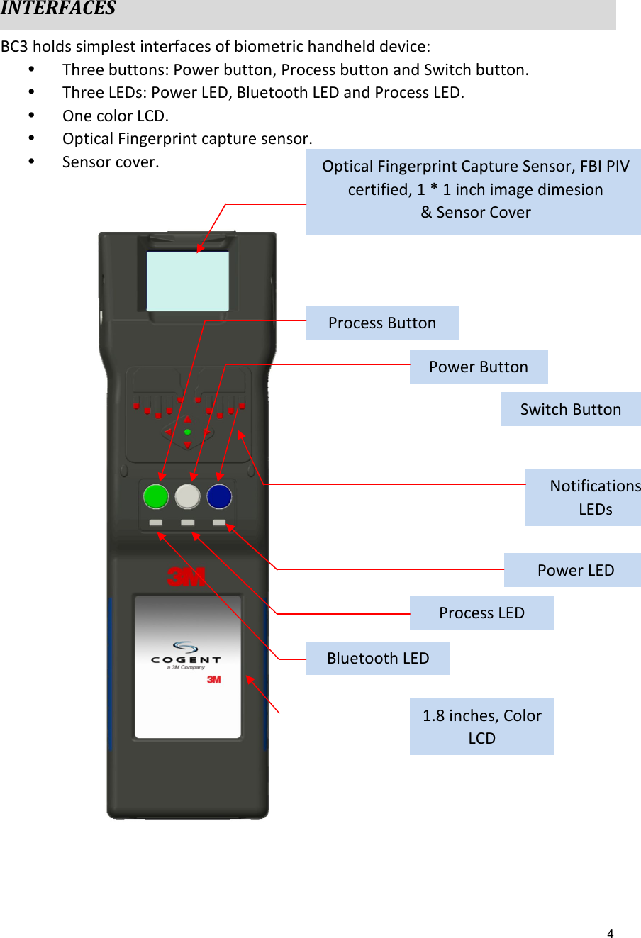 4      INTERFACES BC3 holds simplest interfaces of biometric handheld device: Ÿ Three buttons: Power button, Process button and Switch button. Ÿ Three LEDs: Power LED, Bluetooth LED and Process LED. Ÿ One color LCD. Ÿ Optical Fingerprint capture sensor. Ÿ Sensor cover.                                 Optical Fingerprint Capture Sensor, FBI PIV certified, 1 * 1 inch image dimesion &amp; Sensor Cover Process Button Power Button Switch Button Process LED Bluetooth LED Power LED 1.8 inches, Color LCD Notifications LEDs 