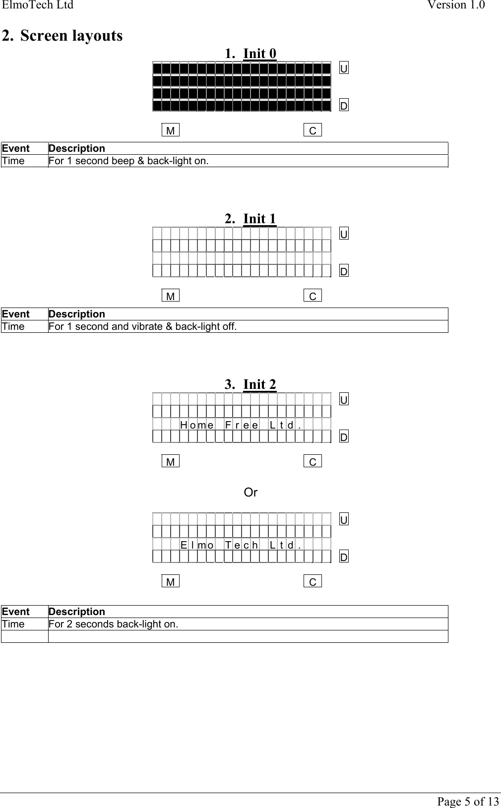 ElmoTech Ltd    Version 1.0  2. Screen layouts 1. Init 0 JJJJJJJJJJJJJJJJJJJJUJJJJJJJJJJJJJJJJJJJJJJJJJJJJJJJJJJJJJJJJJJJJJJJJJJJJJJJJJJJJD   MC Event Description Time  For 1 second beep &amp; back-light on.    2. Init 1    U       D   MC Event Description Time  For 1 second and vibrate &amp; back-light off.    3. Init 2    U     Home F r ee L t d .   D   MC Or     U     Elmo Tech Ltd.   D   MC   Event Description Time  For 2 seconds back-light on.        Page 5 of 13 