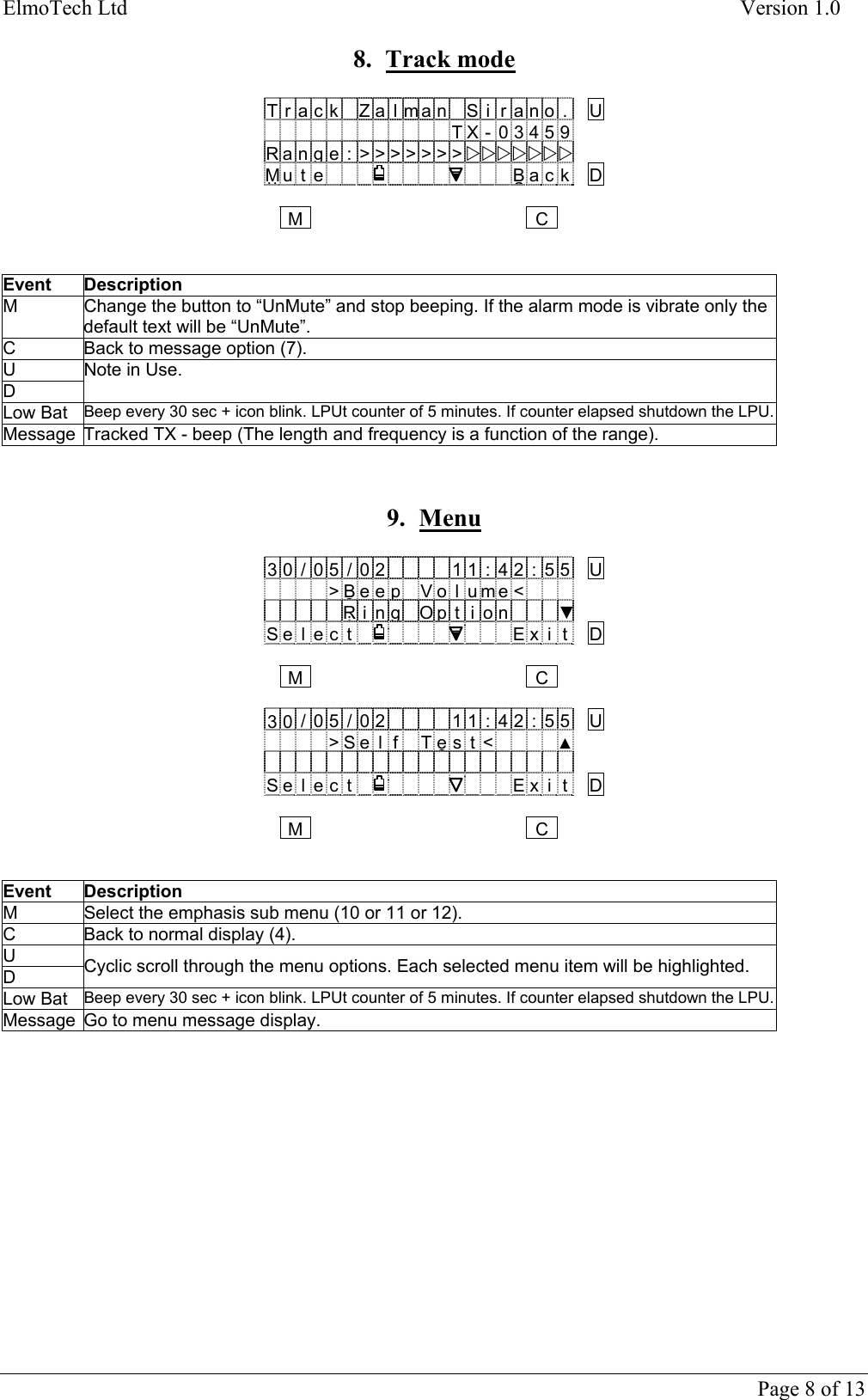 ElmoTech Ltd    Version 1.0  8. Track mode  T rack Zalman Si rano. U   TX - 03459R a nge : &gt;&gt;&gt;&gt;&gt;&gt;&gt;ZZZZZZZMuute Baack D   MC   Event Description M  Change the button to “UnMute” and stop beeping. If the alarm mode is vibrate only the default text will be “UnMute”. C  Back to message option (7). U D Note in Use. Low Bat  Beep every 30 sec + icon blink. LPUt counter of 5 minutes. If counter elapsed shutdown the LPU.Message  Tracked TX - beep (The length and frequency is a function of the range).   9. Menu  3 0/05/02 11 : 42 : 55 U   &gt;BeeepVo l ume&lt;   RiingOption▼S e l e c t E x i t D   MC  3 0/05/02 11 : 42 : 55 U   &gt;Se l f Teest&lt; ▲  S e l e c t E x i t D   MC    Event Description M  Select the emphasis sub menu (10 or 11 or 12). C  Back to normal display (4). U D  Cyclic scroll through the menu options. Each selected menu item will be highlighted. Low Bat  Beep every 30 sec + icon blink. LPUt counter of 5 minutes. If counter elapsed shutdown the LPU.Message  Go to menu message display.          Page 8 of 13 