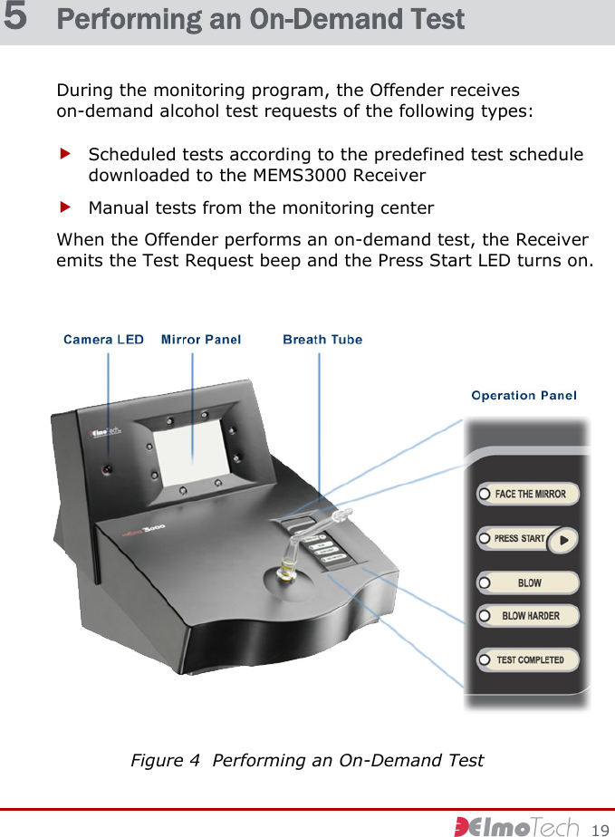     19 5  Performing an On-Demand Test During the monitoring program, the Offender receives on-demand alcohol test requests of the following types: f Scheduled tests according to the predefined test schedule downloaded to the MEMS3000 Receiver f Manual tests from the monitoring center When the Offender performs an on-demand test, the Receiver emits the Test Request beep and the Press Start LED turns on.  Figure 4  Performing an On-Demand Test 