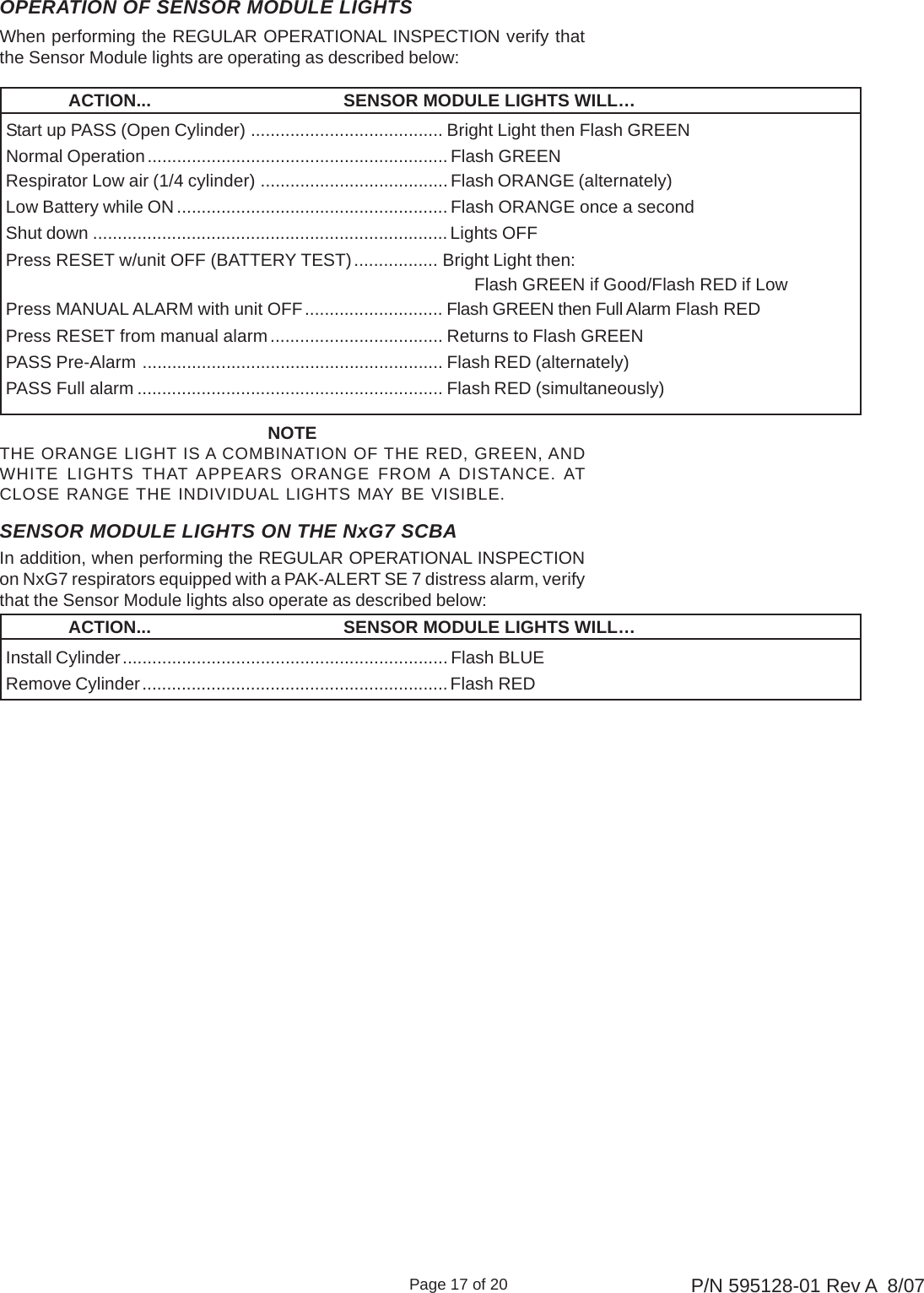 Page 17 of 20 P/N 595128-01 Rev A  8/07When performing the REGULAR OPERATIONAL INSPECTION verify thatthe Sensor Module lights are operating as described below:OPERATION OF SENSOR MODULE LIGHTSNOTETHE ORANGE LIGHT IS A COMBINATION OF THE RED, GREEN, ANDWHITE LIGHTS THAT APPEARS ORANGE FROM A DISTANCE. ATCLOSE RANGE THE INDIVIDUAL LIGHTS MAY BE VISIBLE.             ACTION... SENSOR MODULE LIGHTS WILL…Start up PASS (Open Cylinder) ....................................... Bright Light then Flash GREENNormal Operation............................................................. Flash GREENRespirator Low air (1/4 cylinder) ......................................Flash ORANGE (alternately)Low Battery while ON .......................................................Flash ORANGE once a secondShut down ........................................................................ Lights OFFPress RESET w/unit OFF (BATTERY TEST)................. Bright Light then:Flash GREEN if Good/Flash RED if LowPress MANUAL ALARM with unit OFF............................ Flash GREEN then Full Alarm Flash REDPress RESET from manual alarm................................... Returns to Flash GREENPASS Pre-Alarm ............................................................. Flash RED (alternately)PASS Full alarm .............................................................. Flash RED (simultaneously)Install Cylinder.................................................................. Flash BLUERemove Cylinder..............................................................Flash REDIn addition, when performing the REGULAR OPERATIONAL INSPECTIONon NxG7 respirators equipped with a PAK-ALERT SE 7 distress alarm, verifythat the Sensor Module lights also operate as described below:             ACTION... SENSOR MODULE LIGHTS WILL…SENSOR MODULE LIGHTS ON THE NxG7 SCBA