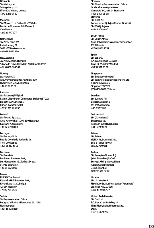122 123Finland Suomen 3M Oy PL 90, Lars Sonckin kaari 602601 Espoo+358 9 52 521France 3M FranceBd de l’Oise95006 Cergy-Pontoise cédex+33 0810 331300Germany 3M Deutschland GmbHCarl-Schurz-Str. 141453 Neuss+49 2131 14 26 04Great Britain 3M United Kingdom PLC3M Centre, Cain Road Bracknell, RG12 8HT+44 870 60 800 60Greece 3M Hellas LimitedΚηφισίας 20151 25 Μαρούσι, Αθήνα-Μαρούσι+30 210 68 85 300Hungary 3M Hungária Kft.Váci út 140 1136 Budapest+36 1 270 7777India3M India LimitedCorporate Oce, Concorde Block, UB City, 24 Vittal Mallya Road Bangalore - 560001+91 80 665 95 759Ireland 3M Ireland3M House, Adelphi Centre, Upper Georges Street Dun Loaghaire, Co. Dublin+353 1 800 320 500Israel  םדוהיה תנידמ ’חר 3M מ”עב לארשי הילצרה 2042 .ד.ת 91Italy 3M Italia S.p.A.Loc. San Felice-Via San Bovio 3 20090 Segrate (MI)+39 800 802145Kazakhstan 3M Kazakhstan Representation Oce140 Dostyk Av., 3-rd oor050051 Almaty+7 727 237 47 37Latvia 3M pārstāvniecība LatvijāK. Ulmaņa gatve 5LV-1004 Rīga+371 67 066 120Lithuania 3M atstovybėŠvitrigailos g. 11bLT-03228, Vilnius, Lietuva+370 5 216 07 80Morocco 3M Morocco La Colline II, N°33 Rdc, Route de Nouasser, Sidi MaaroufCasablanca+212 22 977 977Netherlands 3M Nederland B.V.Industrieweg 24 2482 NW Zoeterwoude+31 071 5 450 450New Zealand 3M New Zealand Limited94 Apollo Drive, Rosedale, AUCKLAND 0632+64 (0)800 364 357Norway 3M Norge A/S, Avd. Verneprodukter,Postboks 100, Hvamveien 6,2026 Skjetten +47 63 84 75 00Pakistan 3M Pakistan (PVT) Ltd.Islamic Chamber of Commerce Building ST-2/A, Block 9, KDA Scheme 5, Clifton-Karachi 75600+ 92 21 111 2255 36Poland 3M Poland Sp. z o.o.Aleja Katowicka 117, 05-830 NadarzynKajetany K. Warszawy+48 22 739 60 00Portugal 3M Portugal LdaRua do Conde de Redondo 98116 9- 009 L is bo a+351 21 313 45 00Romania 3M RomâniaBucharest Business Park, Str. Menuetului 12, Cladirea D, et.3,013713 Buchares t+40 21 202 8000Russia RUZAO “3M Russia”Krylatsky Hills Business Park, Krylatskaya st., 17, bldg. 3121614 M oscow+7 495 784 7474Serbia 3M Representation Oce Beograd Milutina Milankovica 2311070 Novi Beograd+381 11 3018459Slovakia 3M Slovakia Representation OceObchodné zastupiteľstvoVajnorská 142, 831 04 Bratislava+421 2 491 05 211Slovenia 3M (East) AGPodružnica v LjubljaniCesta v Gorice 8, SI-1000 Ljubljana+386 1 2003 630South Africa 3M South Africa146a Kelvin Drive, Woodmead Sandton 2128 Rivonia+27 011 806 2355Spain 3M España,S.A.Juan Ignacio Luca de Tena 19-25, 28027 Madrid+34 91 321 60 00Singapore3M Singapore Pte Ltd3M Technologies (Singapore) Pte Ltd1 Yishun Avenue 7Singapore 768923(65) 6450 8888 (Yishun)Sweden 3M Svenska ABBollstanäsvägen 3191 89 Sollentuna +46 8 92 21 00Switzerland 3M (Schweiz) AGEggstrasse 93, Postfach 8803 Rüschlikon +41 1 724 92 21Taiwan3M Taiwan6F, NO. 95, Dunhua S. Rd., Sec. 2 Taipei, Taiwan886 2 27049011Turkey3M Sanayi ve Ticaret A.ŞŞehit Sinan Eroğlu CadSuryapı Akel İş Merkezi No:6A Blok Kavacık Beykoz34805 İstanbul(90) 216 538 07 77Ukraine 3M Ukraine30-B, Fizkultury St., Business center“Farenheit”3rd oor, Kyiv, 03680,+380 44 490 57 77United Arab Emirates 3M Gulf LtdP.O. Box 20191 Building 11, Third Floor, Dubai Internet City, Deira+ 971 4 367 0777