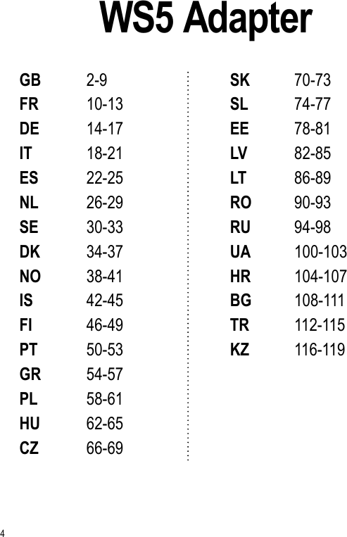 4SK 70-73SL 74-77EE 78-81LV 82-85LT 86-89RO 90-93RU 94-98UA 100-103HR 104-107BG 108-111TR 112-115KZ  116-119WS5 Adapter GB 2-9FR 10-13DE 14-17IT 18-21ES 22-25NL 26-29SE 30-33DK 34-37NO 38-41IS 42-45FI 46-49PT 50-53GR 54-57 PL 58-61HU 62-65CZ 66-69