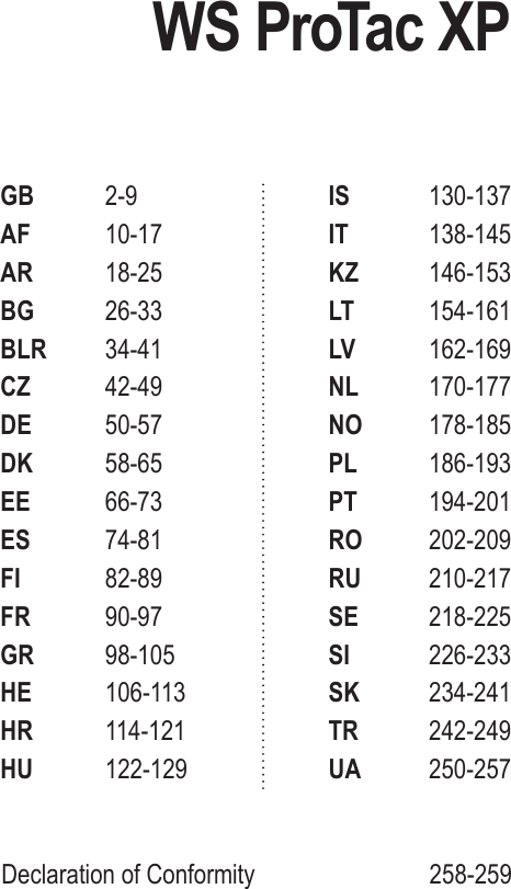 IS 130-137IT 138-145KZ 146-153LT 154-161LV 162-169NL 170-177NO 178-185PL 186-193PT 194-201RO 202-209RU 210-217SE  218-225SI 226-233SK 234-241TR 242-249UA 250-257WS ProTac XPDeclaration of Conformity  258-259GB 2-9AF 10-17AR 18-25BG 26-33BLR 34-41CZ 42-49DE 50-57DK 58-65EE 66-73ES 74-81FI 82-89FR 90-97GR 98-105 HE 106-113HR 114-121HU 122-129