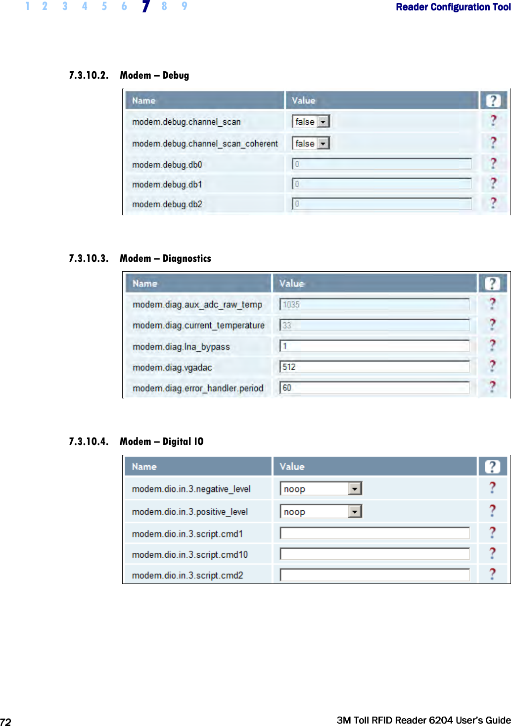     1 2 3 4 5 6 7777    8 9             Reader Configuration ToolReader Configuration ToolReader Configuration ToolReader Configuration Tool      72727272     3M Toll RFID Reader 62043M Toll RFID Reader 62043M Toll RFID Reader 62043M Toll RFID Reader 6204    User’s GuideUser’s GuideUser’s GuideUser’s Guide     7.3.10.2. Modem – Debug   7.3.10.3. Modem – Diagnostics   7.3.10.4. Modem – Digital IO   