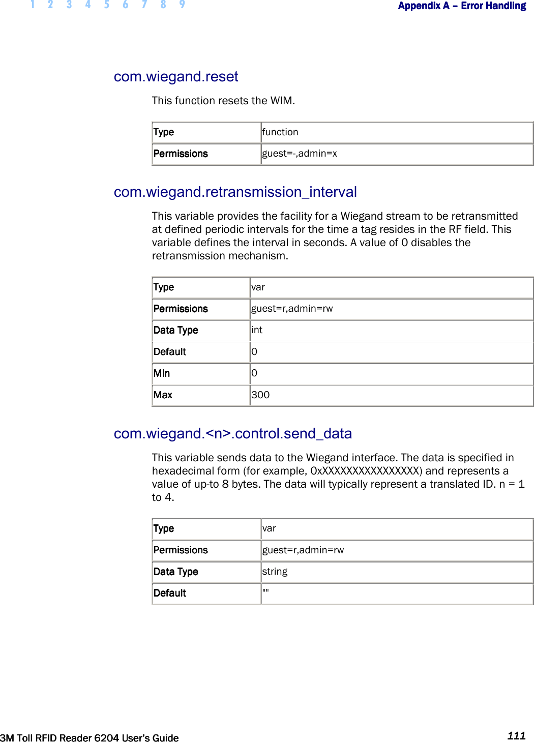     1 2 3 4 5 6 7 8 9        Appendix A Appendix A Appendix A Appendix A ––––    Error HandlingError HandlingError HandlingError Handling         3M Toll RFID Reader 62043M Toll RFID Reader 62043M Toll RFID Reader 62043M Toll RFID Reader 6204    User’s GuideUser’s GuideUser’s GuideUser’s Guide     111111111111     com.wiegand.reset  This function resets the WIM. TypeTypeTypeType     function PermissionsPermissionsPermissionsPermissions     guest=-,admin=x com.wiegand.retransmission_interval This variable provides the facility for a Wiegand stream to be retransmitted at defined periodic intervals for the time a tag resides in the RF field. This variable defines the interval in seconds. A value of 0 disables the retransmission mechanism. TypeTypeTypeType     var PermissionsPermissionsPermissionsPermissions     guest=r,admin=rw Data TypeData TypeData TypeData Type     int DefaultDefaultDefaultDefault     0 MinMinMinMin     0 MaxMaxMaxMax     300 com.wiegand.&lt;n&gt;.control.send_data This variable sends data to the Wiegand interface. The data is specified in hexadecimal form (for example, 0xXXXXXXXXXXXXXXXX) and represents a value of up-to 8 bytes. The data will typically represent a translated ID. n = 1 to 4. TypeTypeTypeType     var PermissionsPermissionsPermissionsPermissions     guest=r,admin=rw Data TypeData TypeData TypeData Type     string DefaultDefaultDefaultDefault     &quot;&quot;  