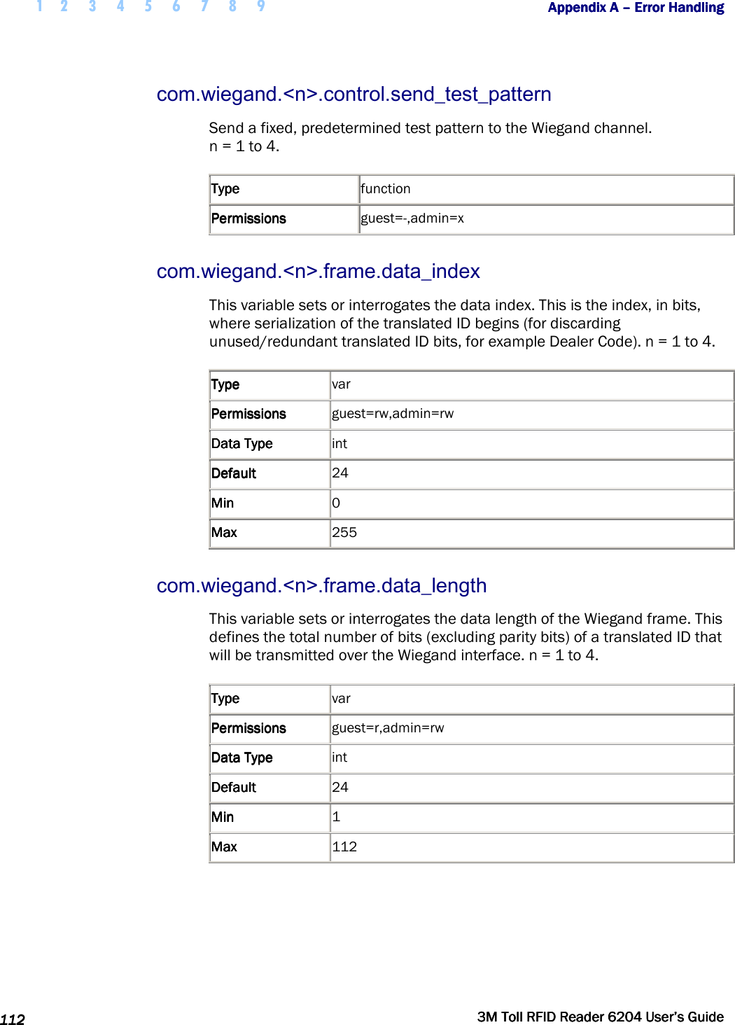  1 2 3 4 5 6 7 8 9           Appendix A Appendix A Appendix A Appendix A ––––    Error HandlingError HandlingError HandlingError Handling      112112112112     3M Toll RFID Reader 62043M Toll RFID Reader 62043M Toll RFID Reader 62043M Toll RFID Reader 6204    User’s GuideUser’s GuideUser’s GuideUser’s Guide     com.wiegand.&lt;n&gt;.control.send_test_pattern Send a fixed, predetermined test pattern to the Wiegand channel.  n = 1 to 4. TypeTypeTypeType     function PermissionsPermissionsPermissionsPermissions     guest=-,admin=x com.wiegand.&lt;n&gt;.frame.data_index This variable sets or interrogates the data index. This is the index, in bits, where serialization of the translated ID begins (for discarding unused/redundant translated ID bits, for example Dealer Code). n = 1 to 4. TypeTypeTypeType     var PermissionsPermissionsPermissionsPermissions     guest=rw,admin=rw Data TypeData TypeData TypeData Type     int DefaultDefaultDefaultDefault     24 MinMinMinMin     0 MaxMaxMaxMax     255 com.wiegand.&lt;n&gt;.frame.data_length This variable sets or interrogates the data length of the Wiegand frame. This defines the total number of bits (excluding parity bits) of a translated ID that will be transmitted over the Wiegand interface. n = 1 to 4. TypeTypeTypeType     var PermissionsPermissionsPermissionsPermissions     guest=r,admin=rw Data TypeData TypeData TypeData Type     int DefaultDefaultDefaultDefault     24 MinMinMinMin     1 MaxMaxMaxMax     112  