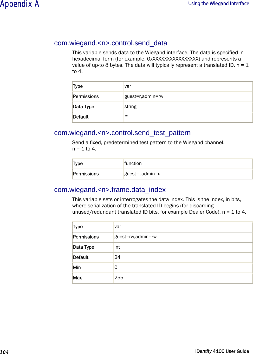  Appendix A  Using the Wiegand Interface   104  IDentity 4100 User Guide  com.wiegand.&lt;n&gt;.control.send_data This variable sends data to the Wiegand interface. The data is specified in hexadecimal form (for example, 0xXXXXXXXXXXXXXXXX) and represents a value of up-to 8 bytes. The data will typically represent a translated ID. n = 1 to 4. Type  var Permissions  guest=r,admin=rw Data Type  string Default  &quot;&quot; com.wiegand.&lt;n&gt;.control.send_test_pattern Send a fixed, predetermined test pattern to the Wiegand channel.  n = 1 to 4. Type  function Permissions  guest=-,admin=x com.wiegand.&lt;n&gt;.frame.data_index This variable sets or interrogates the data index. This is the index, in bits, where serialization of the translated ID begins (for discarding unused/redundant translated ID bits, for example Dealer Code). n = 1 to 4. Type  var Permissions  guest=rw,admin=rw Data Type  int Default  24 Min  0 Max  255  