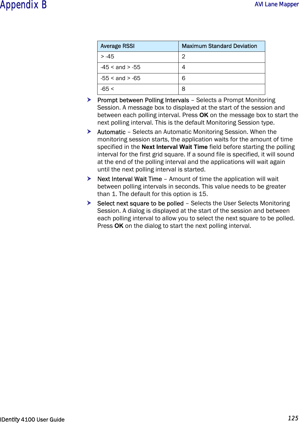  Appendix B  AVI Lane Mapper   IDentity 4100 User Guide  125  Average RSSI  Maximum Standard Deviation &gt; -45  2 -45 &lt; and &gt; -55  4 -55 &lt; and &gt; -65  6 -65 &lt;  8 h Prompt between Polling Intervals – Selects a Prompt Monitoring Session. A message box to displayed at the start of the session and between each polling interval. Press OK on the message box to start the next polling interval. This is the default Monitoring Session type. h Automatic – Selects an Automatic Monitoring Session. When the monitoring session starts, the application waits for the amount of time specified in the Next Interval Wait Time field before starting the polling interval for the first grid square. If a sound file is specified, it will sound at the end of the polling interval and the applications will wait again until the next polling interval is started. h Next Interval Wait Time – Amount of time the application will wait between polling intervals in seconds. This value needs to be greater than 1. The default for this option is 15. h Select next square to be polled – Selects the User Selects Monitoring Session. A dialog is displayed at the start of the session and between each polling interval to allow you to select the next square to be polled. Press OK on the dialog to start the next polling interval.    