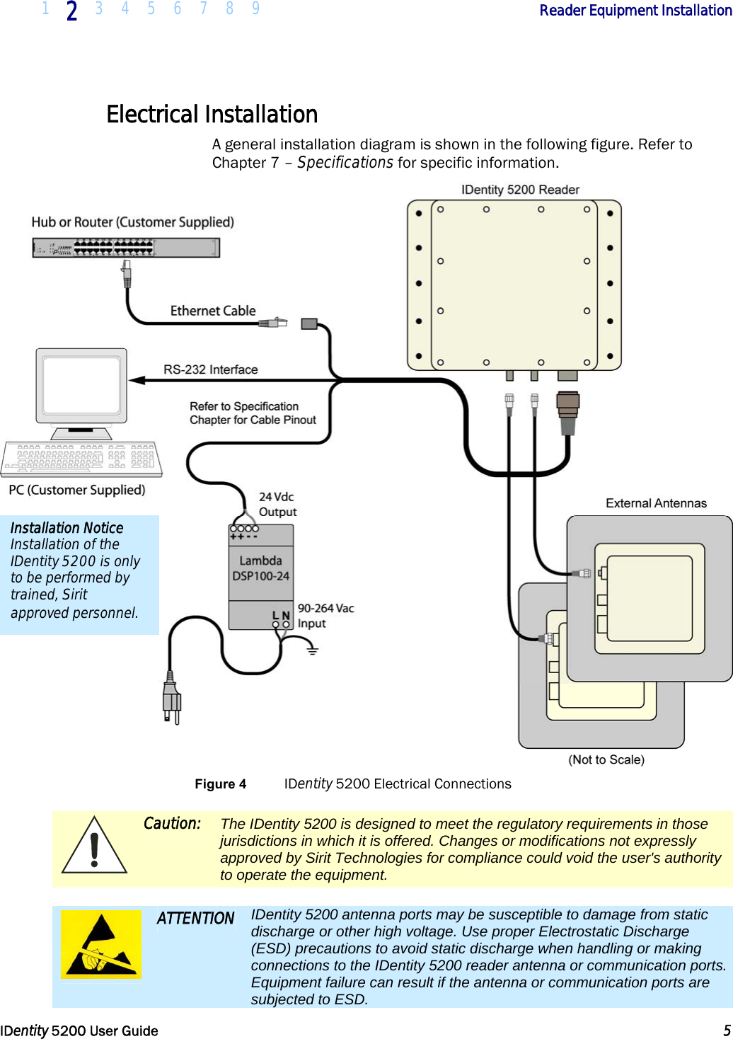  1 2 3 4 5 6 7 8 9            Reader Equipment Installation   IDentity 5200 User Guide  5  Electrical Installation A general installation diagram is shown in the following figure. Refer to Chapter 7 – Specifications for specific information.  Figure 4  IDentity 5200 Electrical Connections  Caution:  The IDentity 5200 is designed to meet the regulatory requirements in those jurisdictions in which it is offered. Changes or modifications not expressly approved by Sirit Technologies for compliance could void the user&apos;s authority to operate the equipment.   ATTENTION  IDentity 5200 antenna ports may be susceptible to damage from static discharge or other high voltage. Use proper Electrostatic Discharge (ESD) precautions to avoid static discharge when handling or making connections to the IDentity 5200 reader antenna or communication ports. Equipment failure can result if the antenna or communication ports are subjected to ESD. Installation Notice Installation of the IDentity 5200 is only to be performed by trained, Sirit approved personnel. 