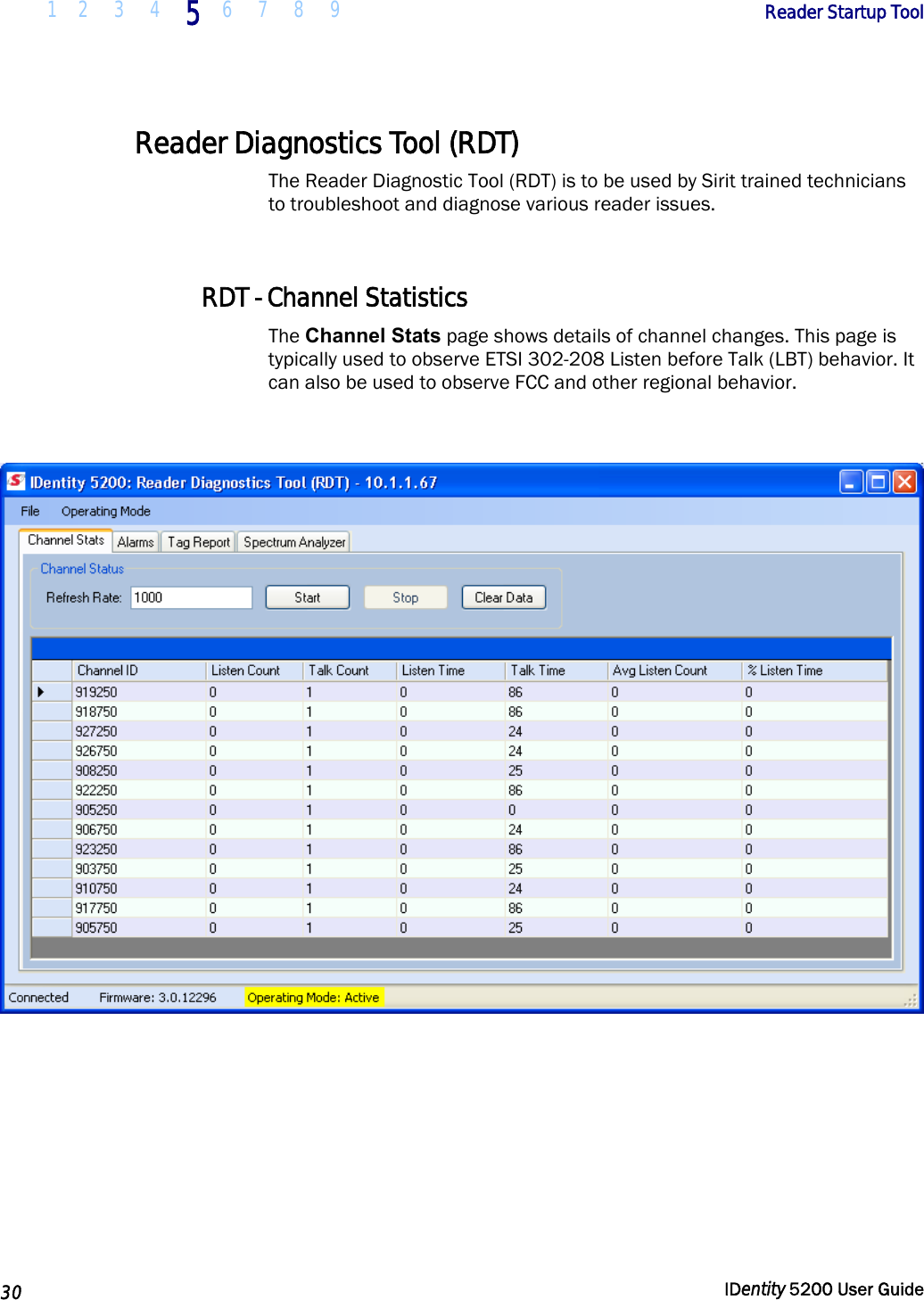  1 2  3  4 5 6 7 8 9       Reader Startup Tool   30  IDentity 5200 User Guide  Reader Diagnostics Tool (RDT) The Reader Diagnostic Tool (RDT) is to be used by Sirit trained technicians to troubleshoot and diagnose various reader issues.   RDT - Channel Statistics The Channel Stats page shows details of channel changes. This page is typically used to observe ETSI 302-208 Listen before Talk (LBT) behavior. It can also be used to observe FCC and other regional behavior.    
