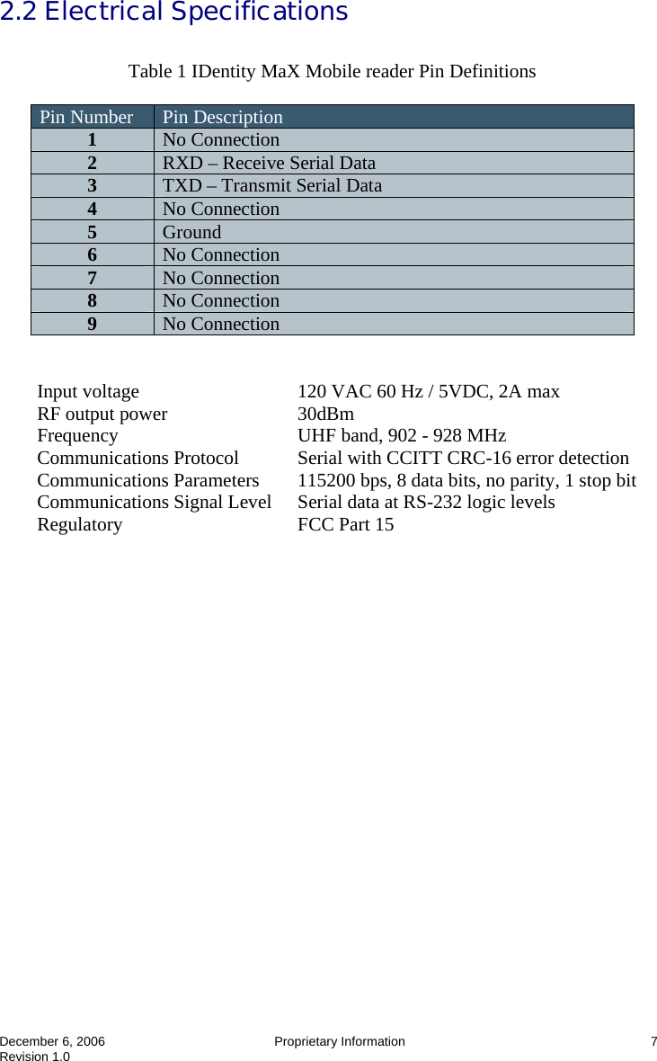  December 6, 2006  Proprietary Information  7 Revision 1.0 2.2 Electrical Specifications  Table 1 IDentity MaX Mobile reader Pin Definitions  Pin Number  Pin Description 1  No Connection 2  RXD – Receive Serial Data 3  TXD – Transmit Serial Data 4  No Connection 5  Ground 6  No Connection 7  No Connection 8  No Connection 9  No Connection    Input voltage  120 VAC 60 Hz / 5VDC, 2A max RF output power  30dBm Frequency  UHF band, 902 - 928 MHz Communications Protocol  Serial with CCITT CRC-16 error detection  Communications Parameters  115200 bps, 8 data bits, no parity, 1 stop bit Communications Signal Level  Serial data at RS-232 logic levels Regulatory FCC Part 15    