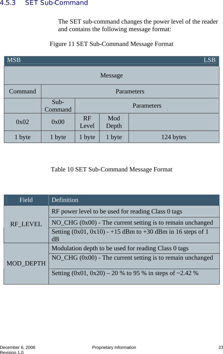  December 6, 2006  Proprietary Information  23 Revision 1.0 4.5.3     SET Sub-Command  The SET sub-command changes the power level of the reader and contains the following message format:  Figure 11 SET Sub-Command Message Format     Table 10 SET Sub-Command Message Format     MSB                                                                                                                 LSB Message Command  Parameters  Sub-Command  Parameters 0x02  0x00  RF Level  Mod Depth   1 byte  1 byte  1 byte  1 byte  124 bytes Field  Definition RF power level to be used for reading Class 0 tags NO_CHG (0x00) - The current setting is to remain unchanged RF_LEVEL  Setting (0x01, 0x10) - +15 dBm to +30 dBm in 16 steps of 1 dB Modulation depth to be used for reading Class 0 tags NO_CHG (0x00) - The current setting is to remain unchanged  MOD_DEPTH Setting (0x01, 0x20) – 20 % to 95 % in steps of ~2.42 %  