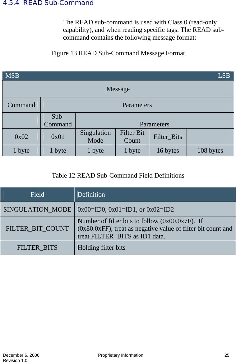  December 6, 2006  Proprietary Information   25 Revision 1.0   4.5.4  READ Sub-Command  The READ sub-command is used with Class 0 (read-only capability), and when reading specific tags. The READ sub-command contains the following message format:  Figure 13 READ Sub-Command Message Format    Table 12 READ Sub-Command Field Definitions  Field  Definition SINGULATION_MODE  0x00=ID0, 0x01=ID1, or 0x02=ID2 FILTER_BIT_COUNT  Number of filter bits to follow (0x00.0x7F).  If (0x80.0xFF), treat as negative value of filter bit count and treat FILTER_BITS as ID1 data. FILTER_BITS  Holding filter bits   MSB                                                                                                                       LSB Message Command  Parameters  Sub-Command   Parameters 0x02  0x01  Singulation Mode  Filter Bit Count  Filter_Bits   1 byte  1 byte  1 byte  1 byte  16 bytes  108 bytes 